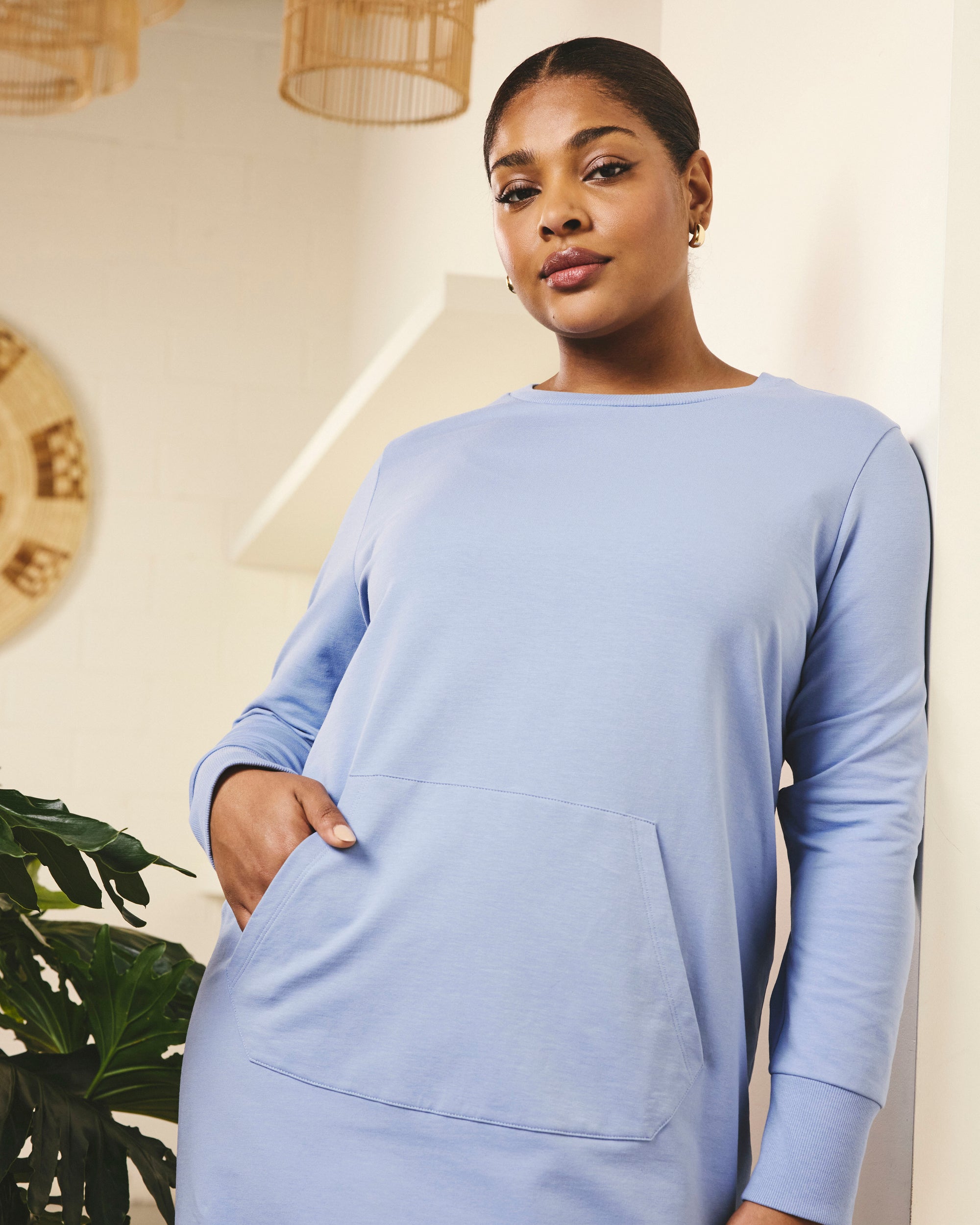 Woman wearing Bree Sweatshirt Dress - Graceful Blue from Universal Standard