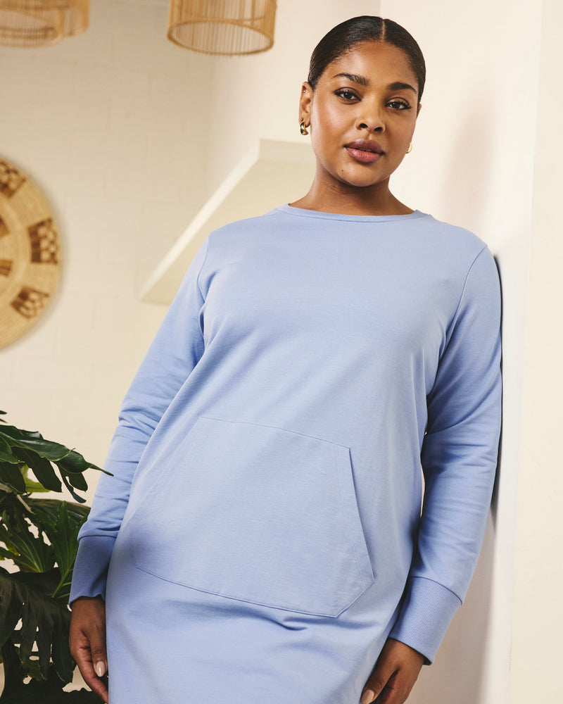 Woman wearing Bree Sweatshirt Dress - Graceful Blue from Universal Standard