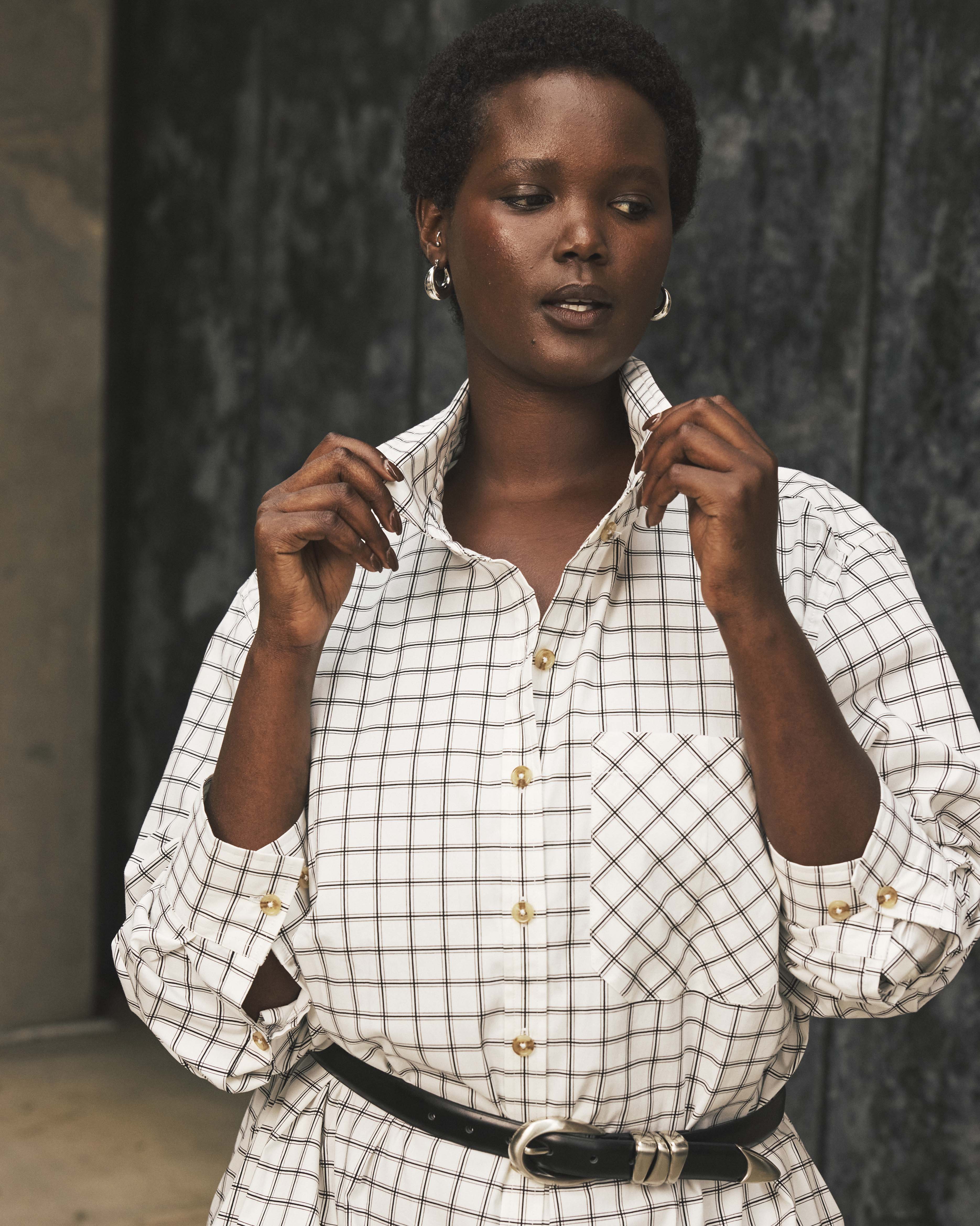 Odeon Stretch Poplin Shirtdress - White Windowpane Check