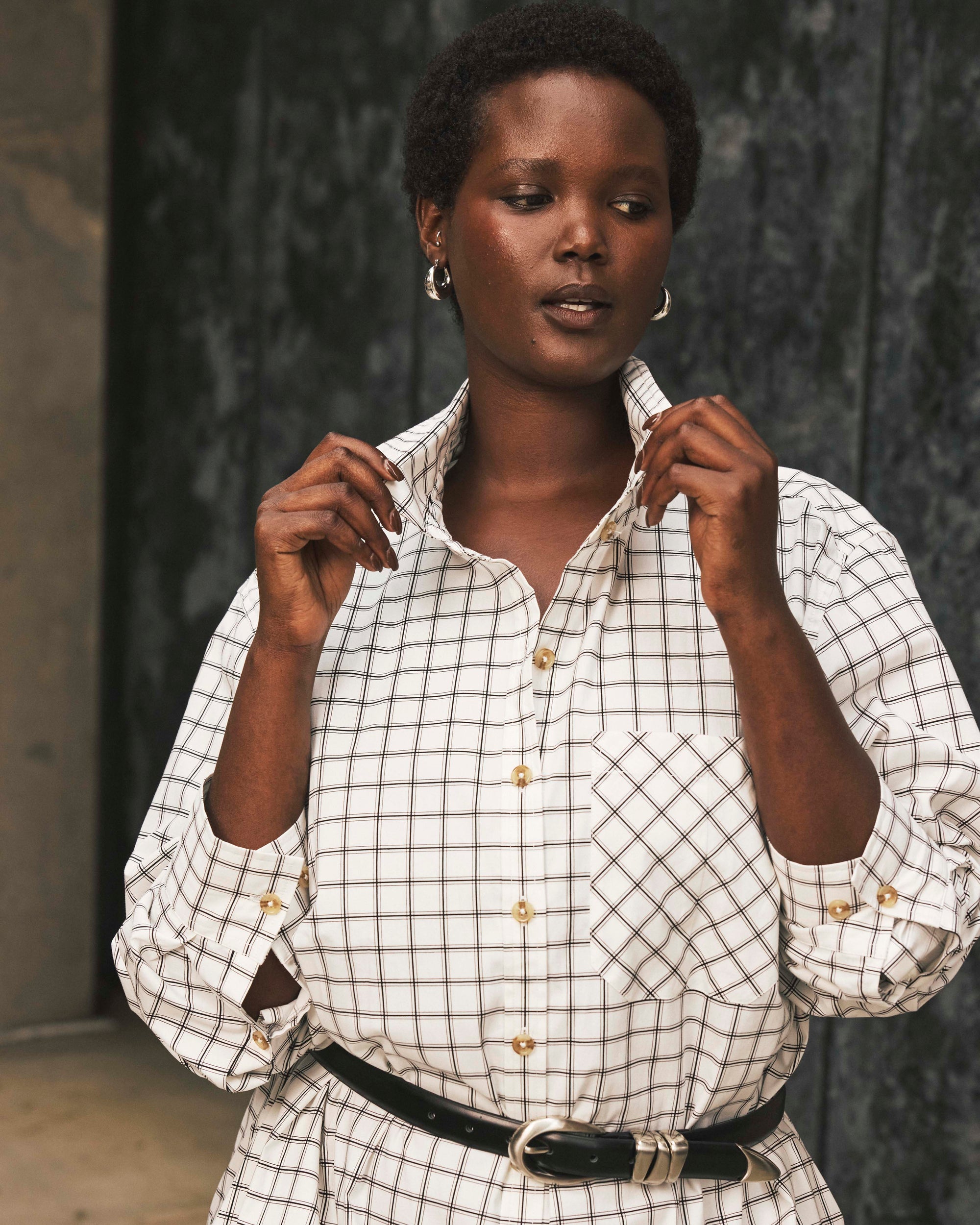 Odeon Stretch Poplin Shirtdress - White Windowpane Check | Plus Size & Straight Size Women's Fashion | Universal Standard
