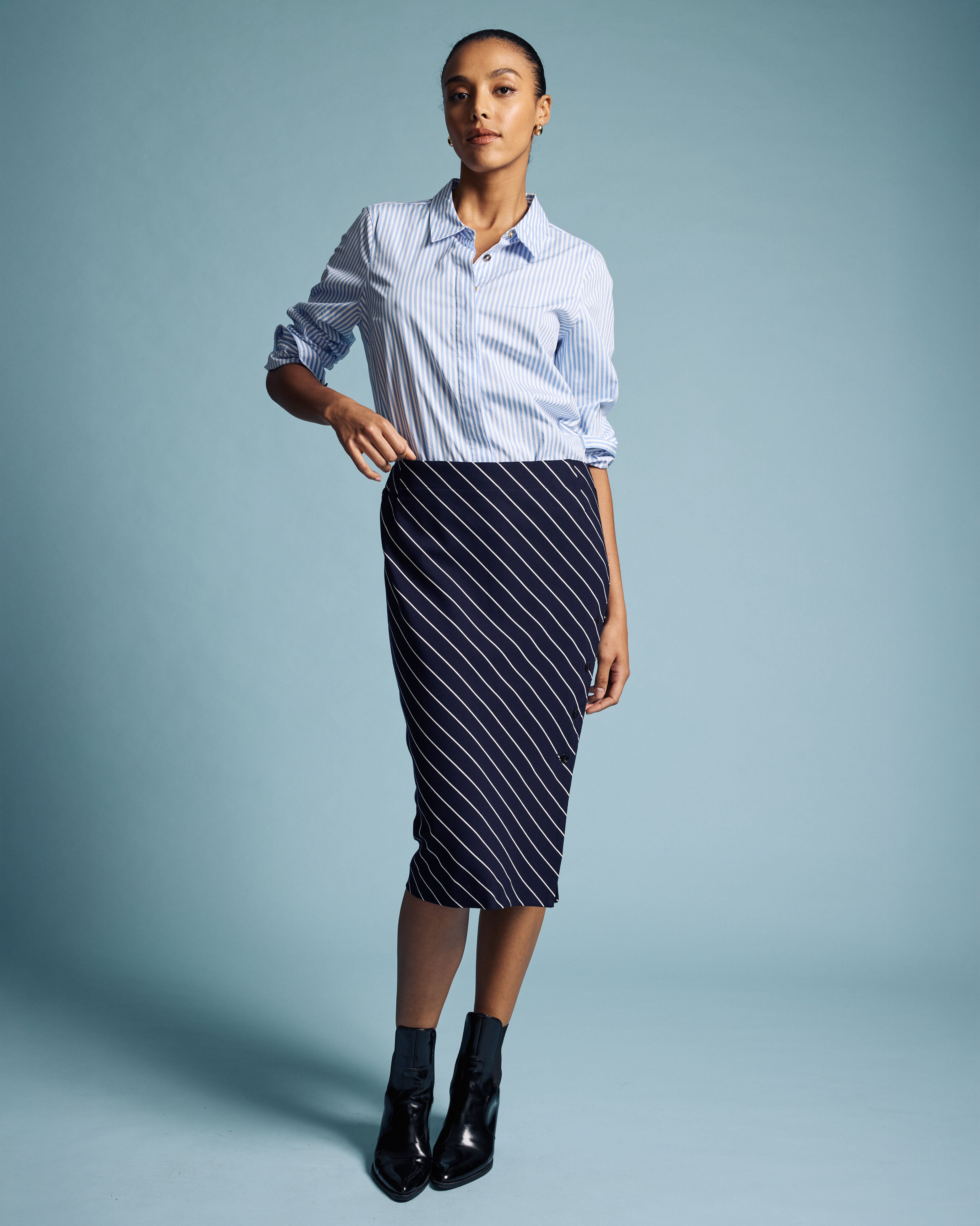 Anya Ponte Skirt - Navy Pinstripe – Universal Standard