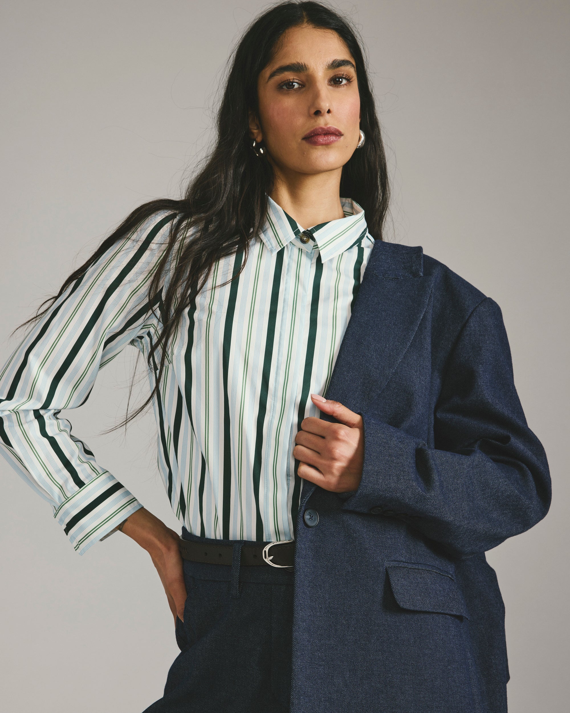 Elbe Stretch Poplin Shirt Classic Fit - Forest Green Multi Stripe