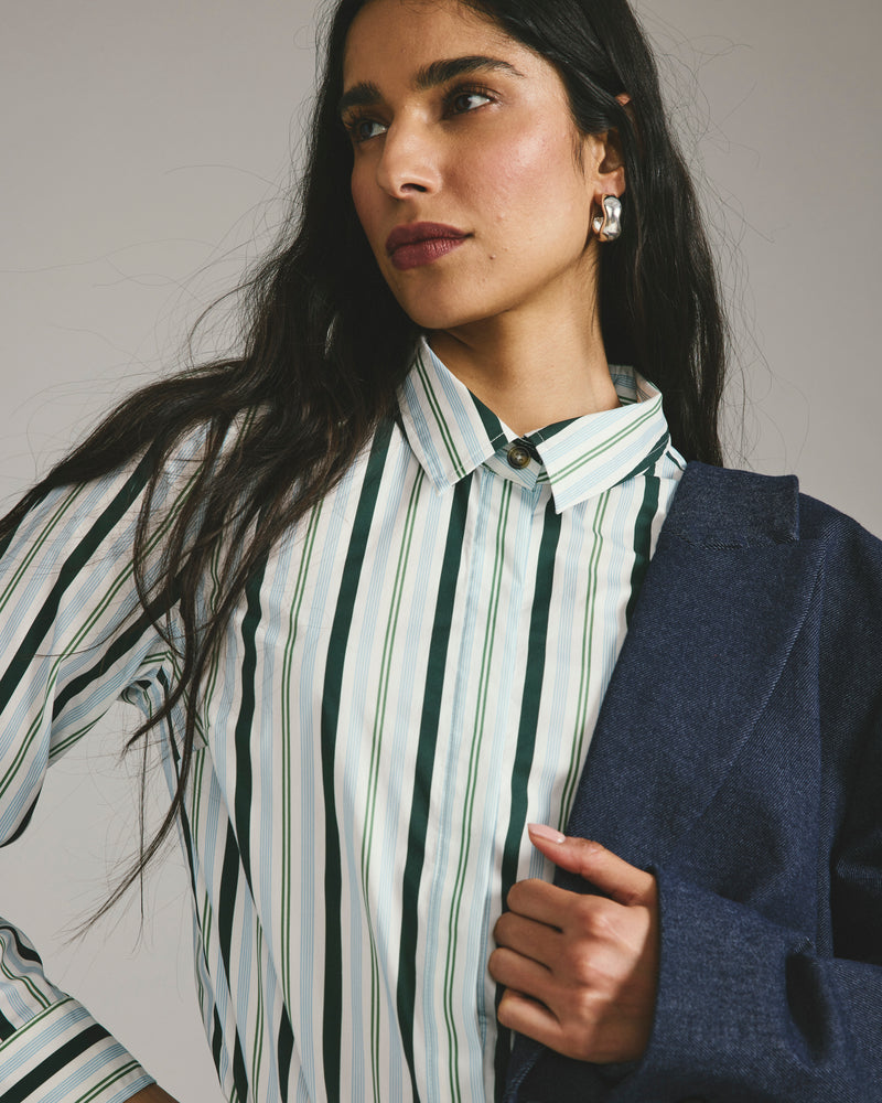 Elbe Stretch Poplin Shirt Classic Fit - Forest Green Multi Stripe