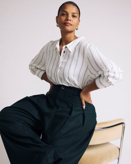 Elbe Popover Stretch Linen Blend Shirt - Mayfair Stripe | Plus Size & Straight Size Women's Fashion | Universal Standard