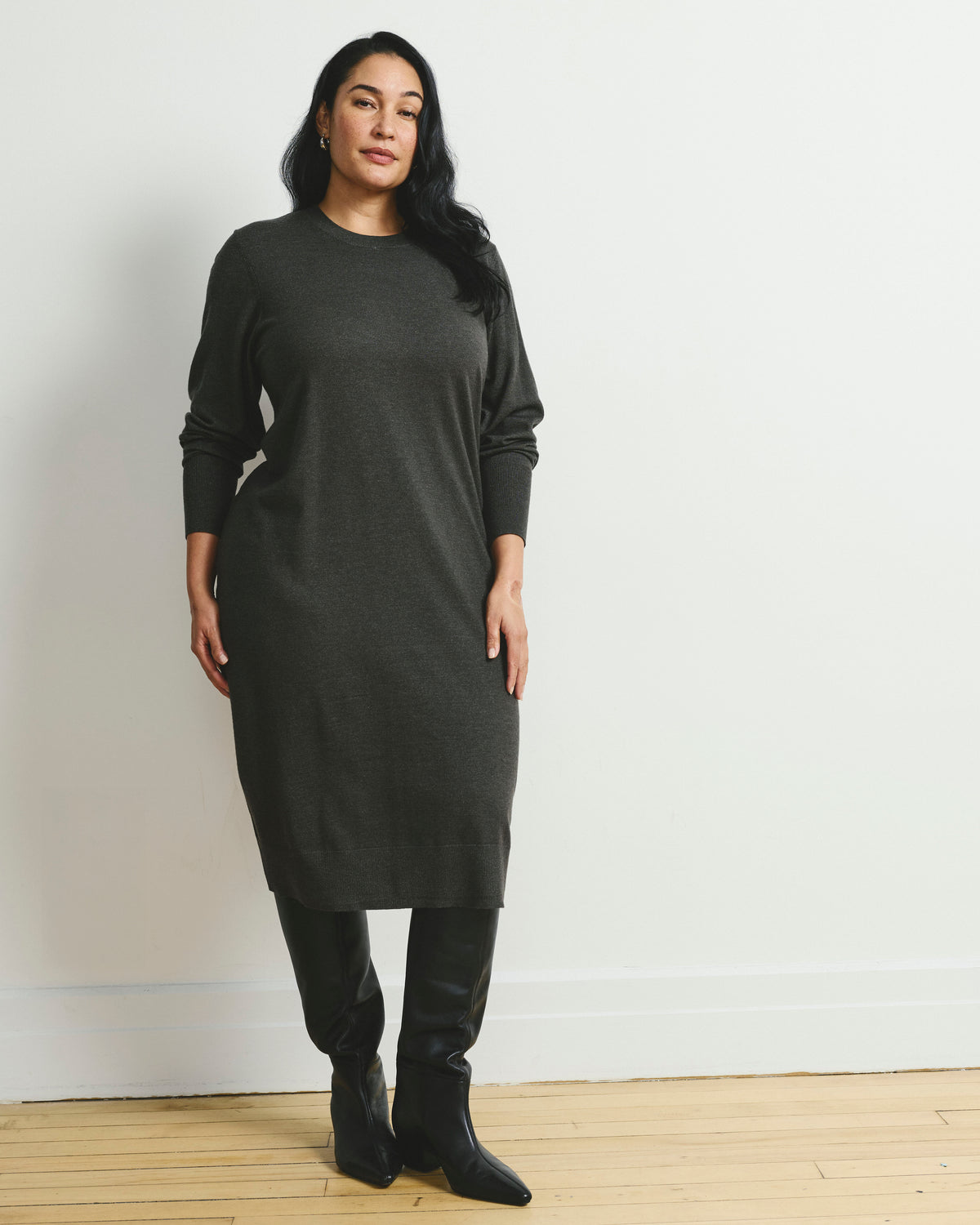 Savvy Fine Knit Everyday Sweater Dress - Dark Gray