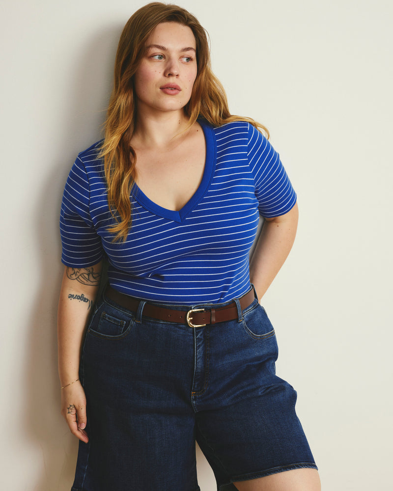 Classic V-Neck Ribbed Tee - Bright Blue/White Microstripe | Plus Size & Straight Size Women's Fashion | Universal Standard