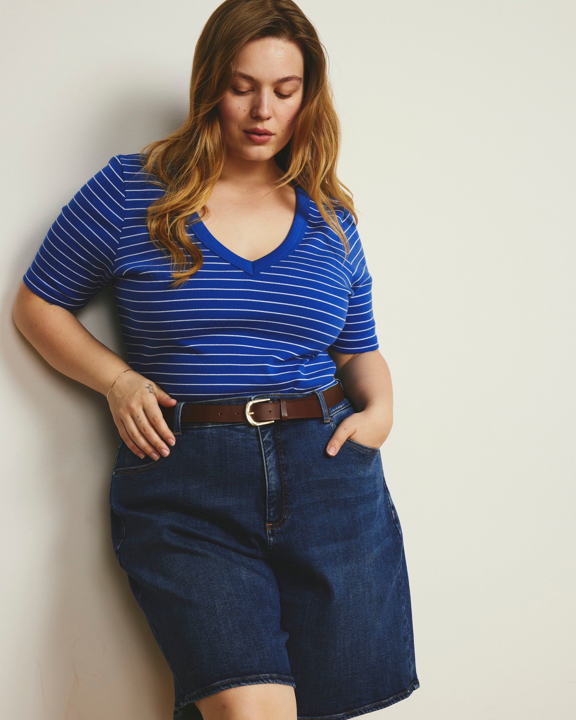 Classic V-Neck Ribbed Tee - Bright Blue/White Microstripe | Plus Size & Straight Size Women's Fashion | Universal Standard
