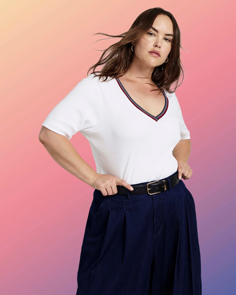 Classic V-Neck Ribbed Tee - White/Striped Trim