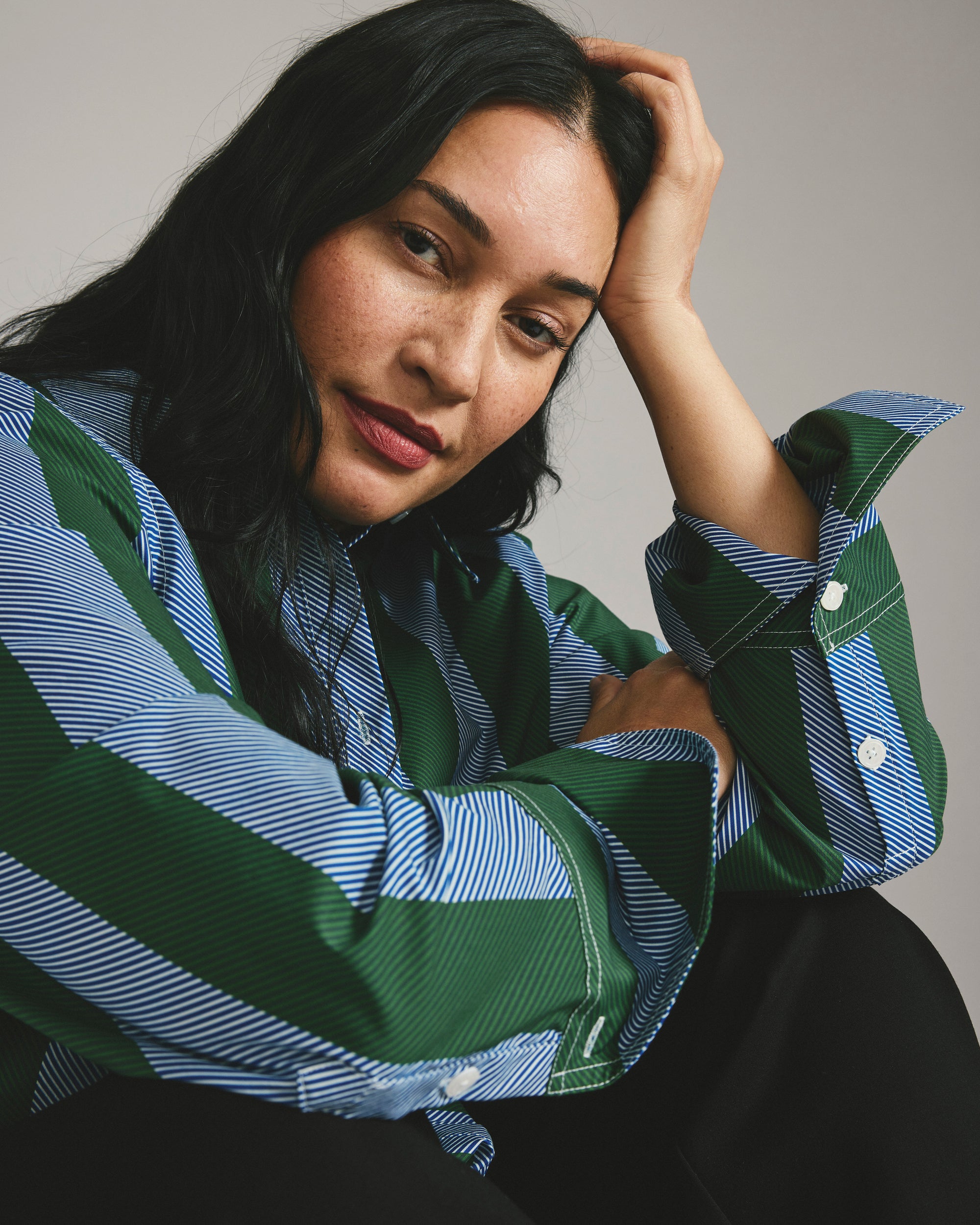 Henning x US Madison Shirt - Green/Blue Directional Stripe