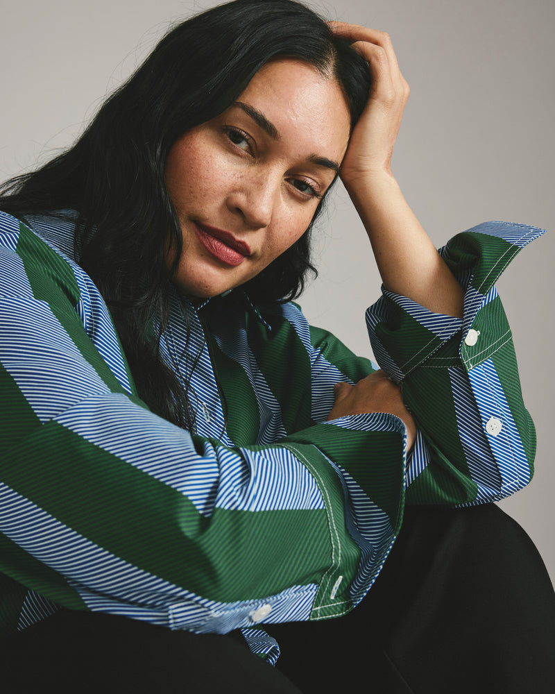 Henning x US Madison Shirt - Green/Blue Directional Stripe