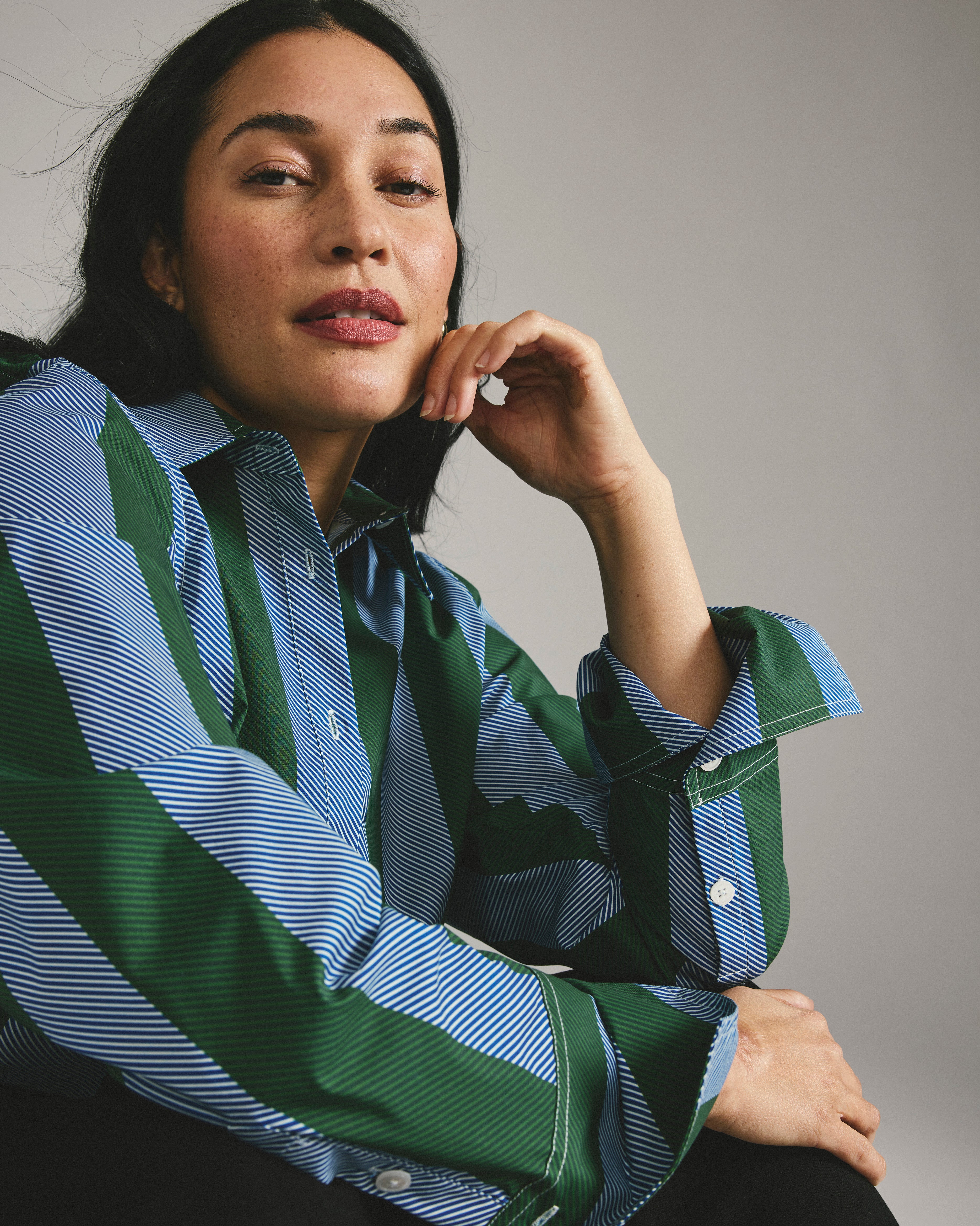 Henning x US Madison Shirt - Green/Blue Directional Stripe