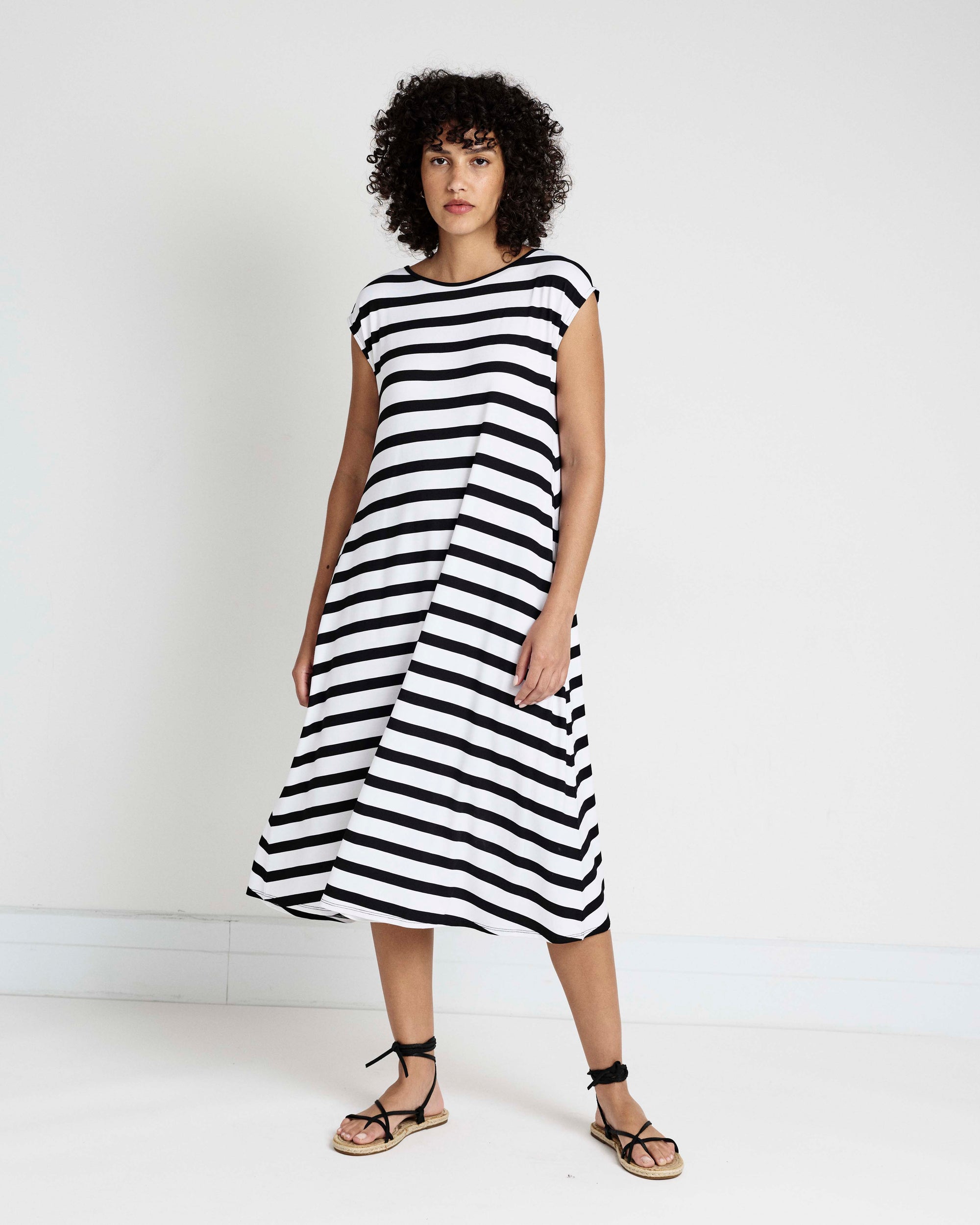 Capri Divine Jersey Flared Dress - Black/White Stripe | Plus Size & Straight Size Women's Fashion | Universal Standard