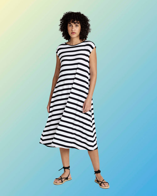 Capri Divine Jersey Flared Dress - Black/White Stripe | Plus Size & Straight Size Women's Fashion | Universal Standard