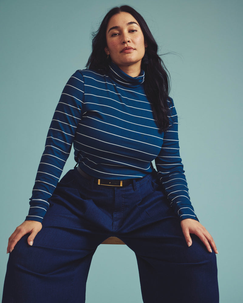 Cloud Rib Turtleneck - Teal/White Microstripe | Plus Size & Straight Size Women's Fashion | Universal Standard