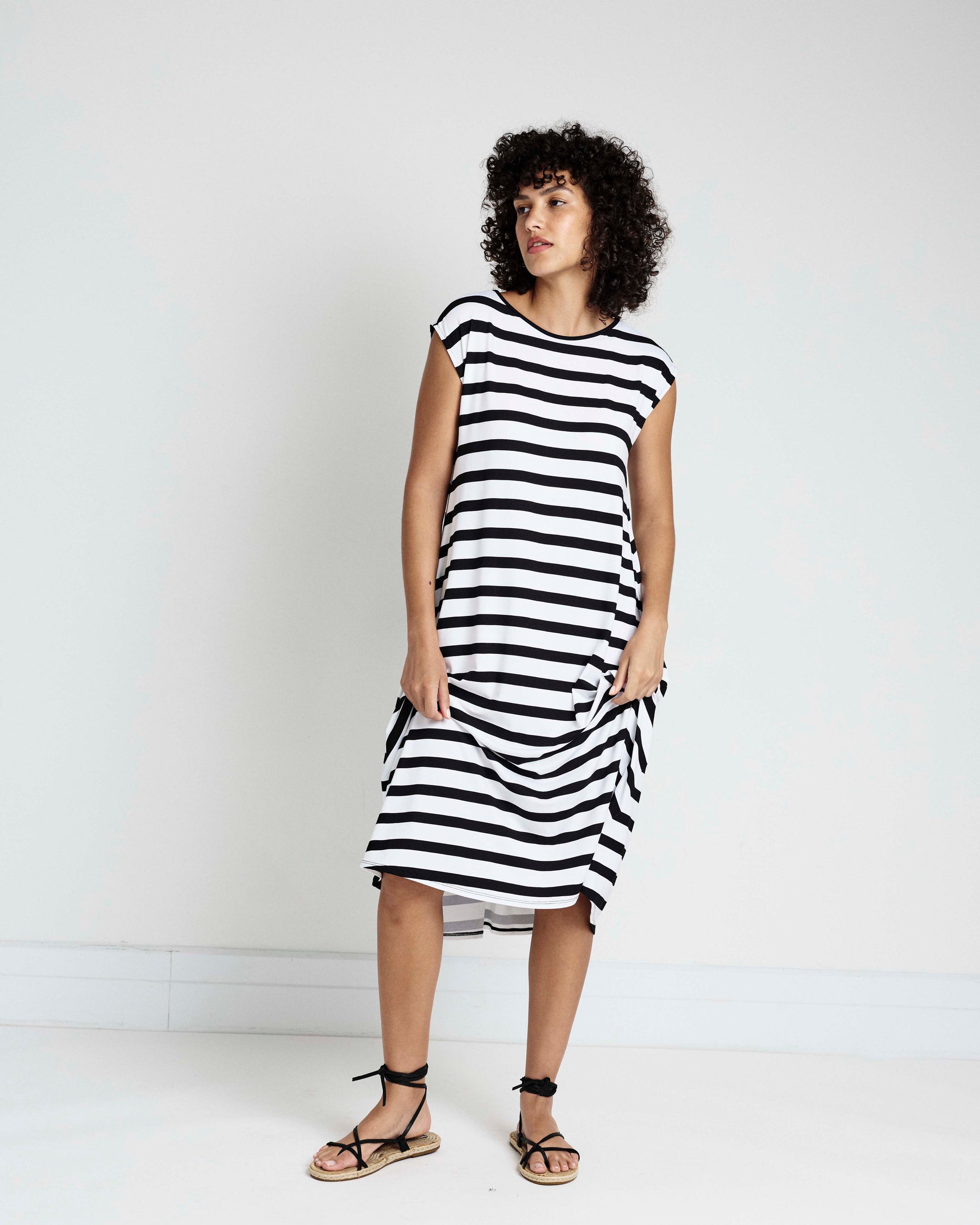 Capri Divine Jersey Flared Dress - Black/White Stripe | Plus Size & Straight Size Women's Fashion | Universal Standard