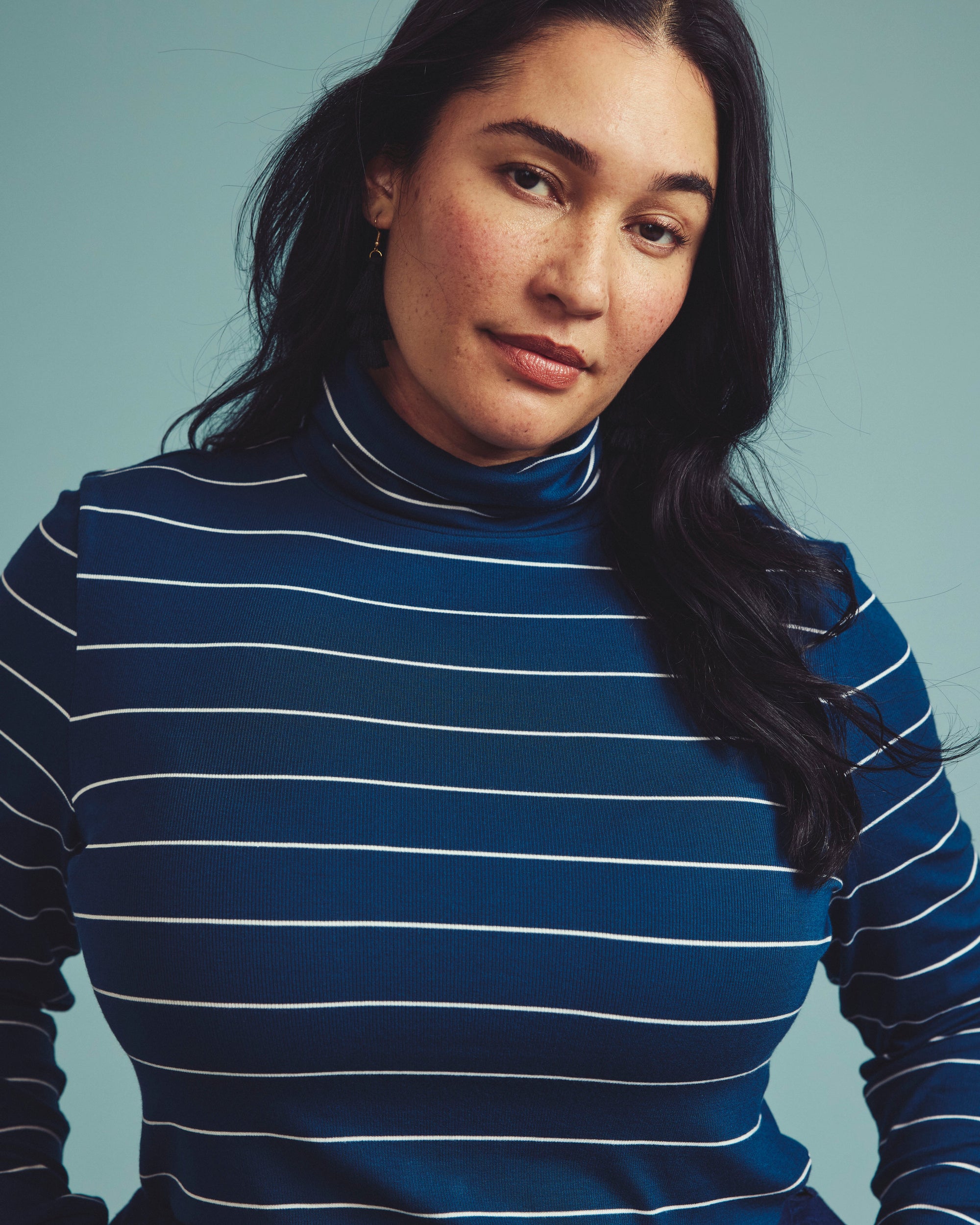 Cloud Rib Turtleneck - Teal/White Microstripe | Plus Size & Straight Size Women's Fashion | Universal Standard