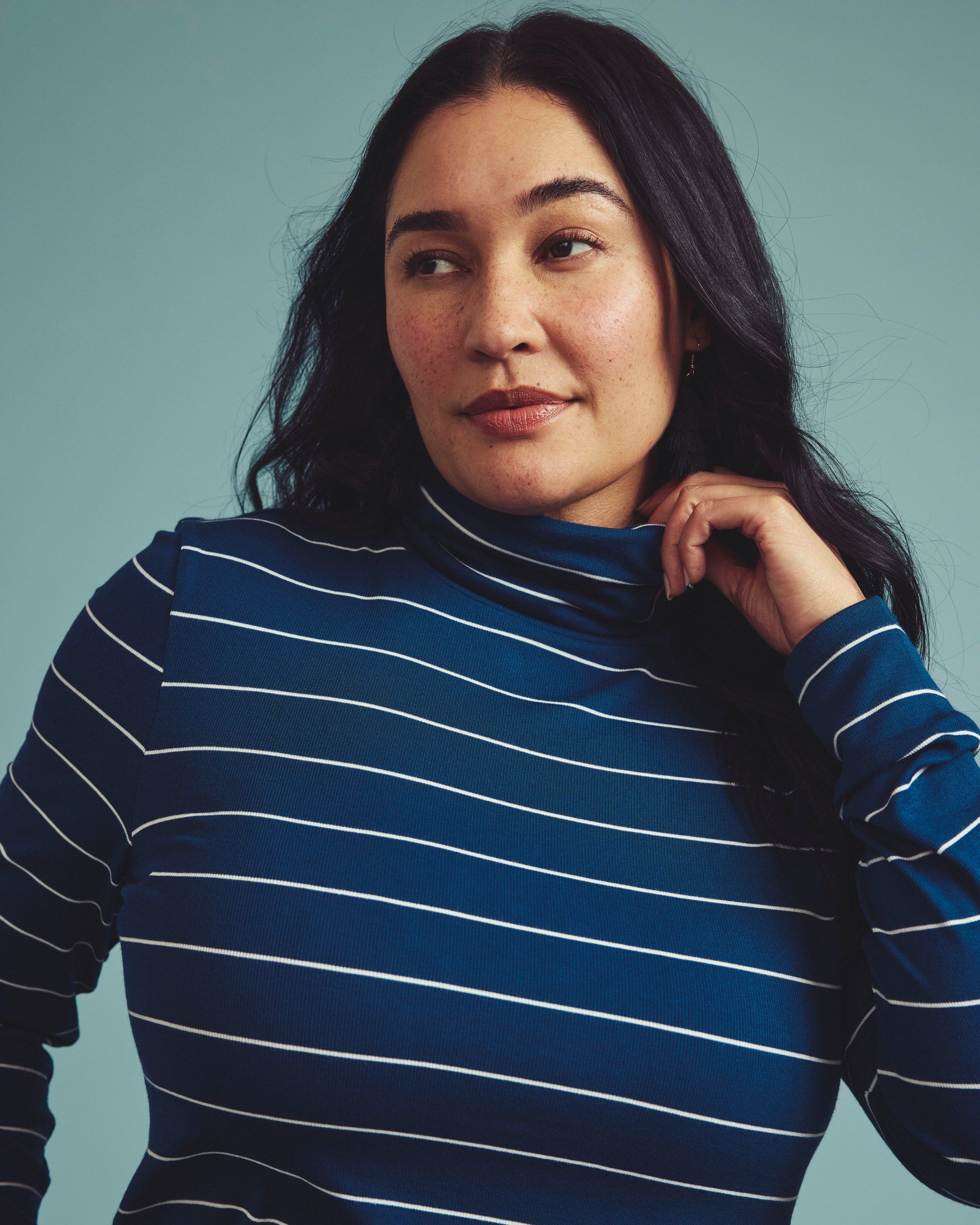 Cloud Rib Turtleneck - Teal/White Microstripe | Plus Size & Straight Size Women's Fashion | Universal Standard