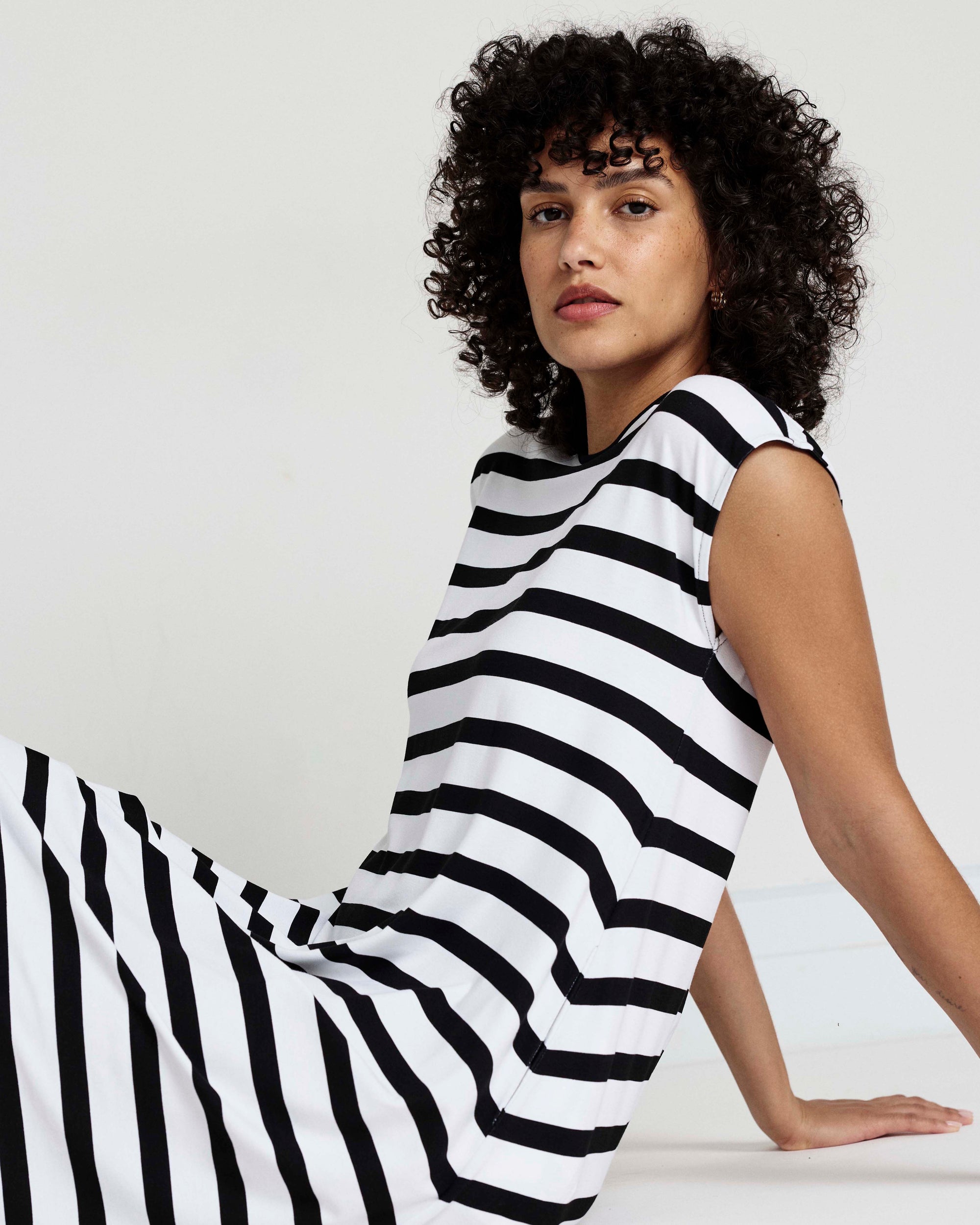 Capri Divine Jersey Flared Dress - Black/White Stripe | Plus Size & Straight Size Women's Fashion | Universal Standard