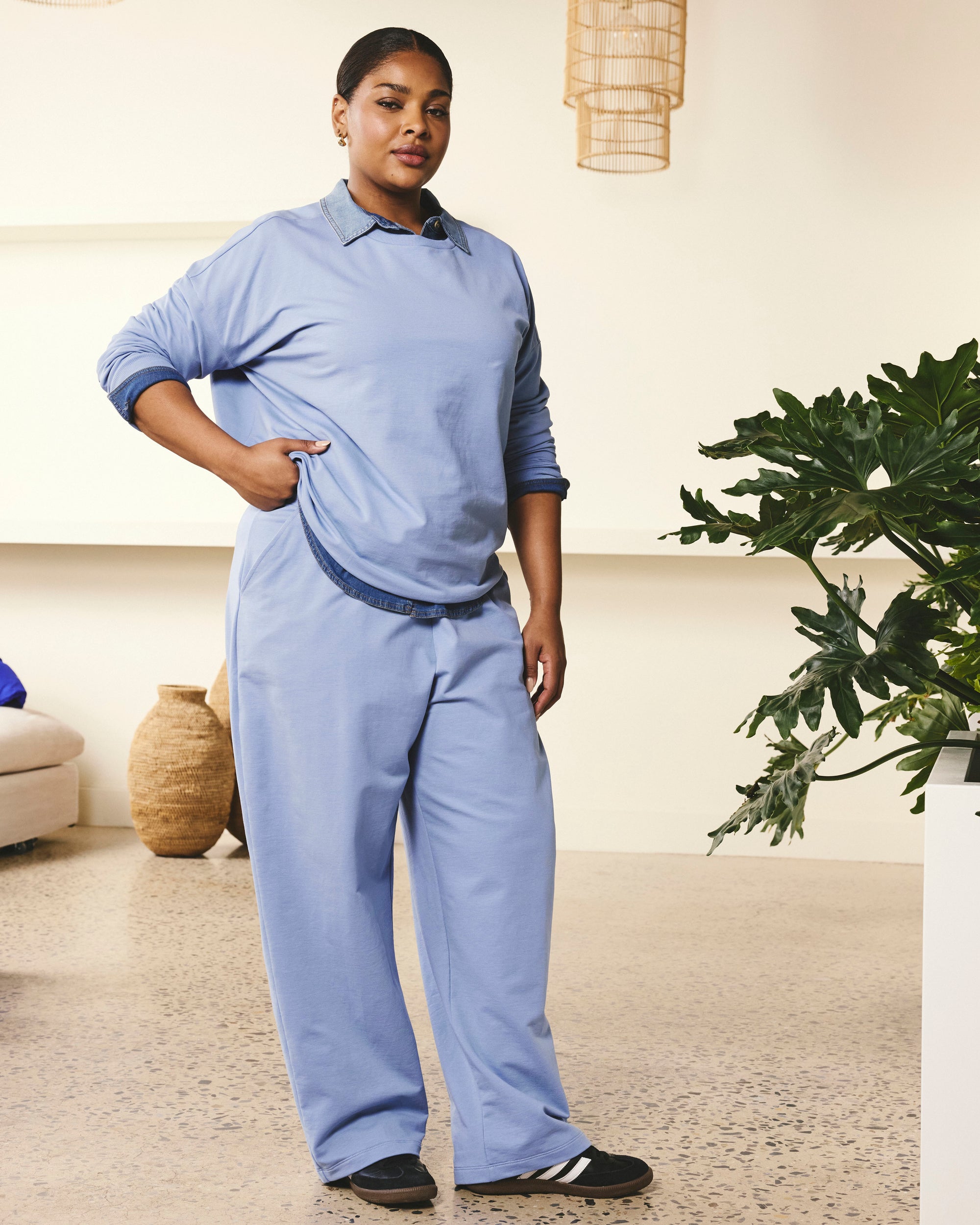 Woman wearing Straight Leg French Terry Sweatpants - Graceful Blue from Universal Standard