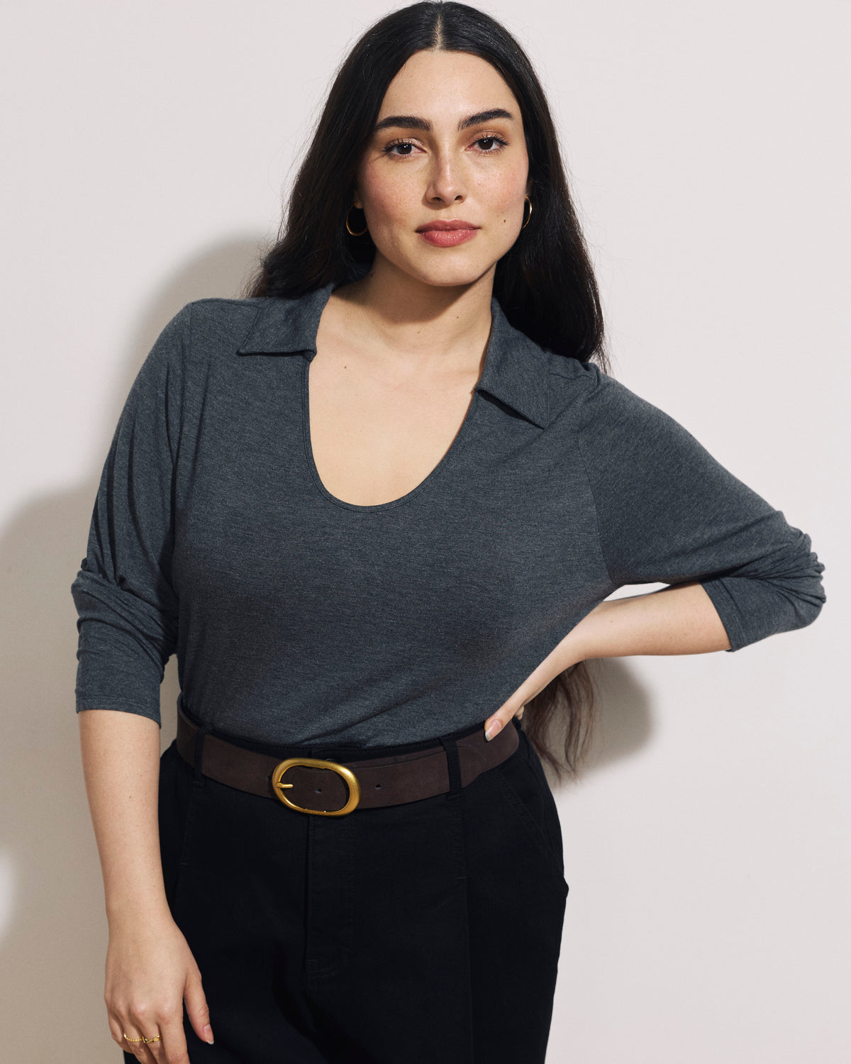 Katia Liquid Jersey Collared Top - Dark Gray Heather | Plus Size & Straight Size Women's Fashion | Universal Standard