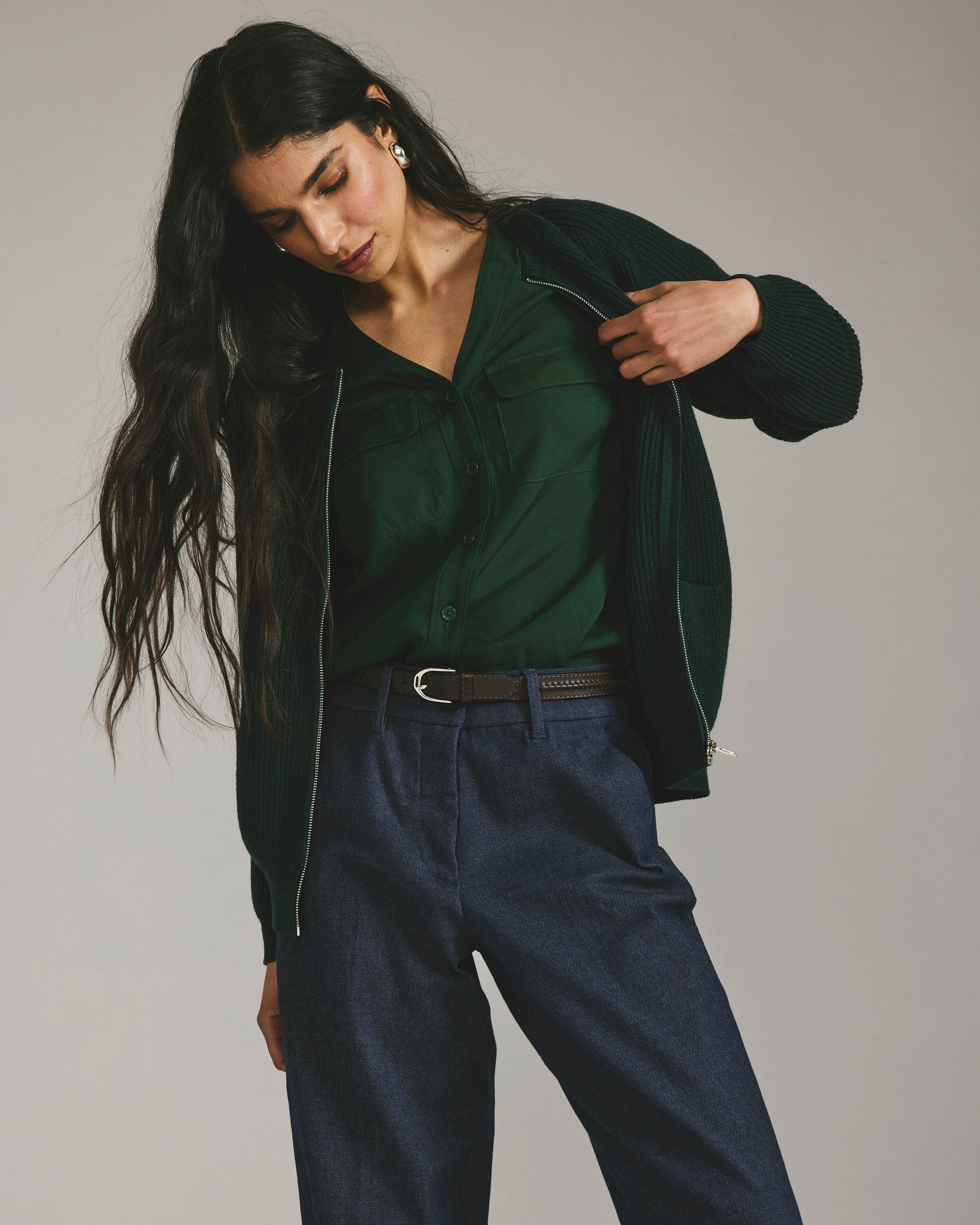 Cooling Stretch Cupro Button-Down Blouse - Forest Green