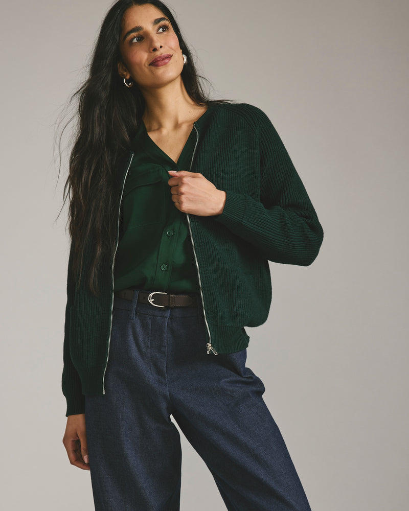 Better-Than-Wool Zip Cardigan - Forest Green