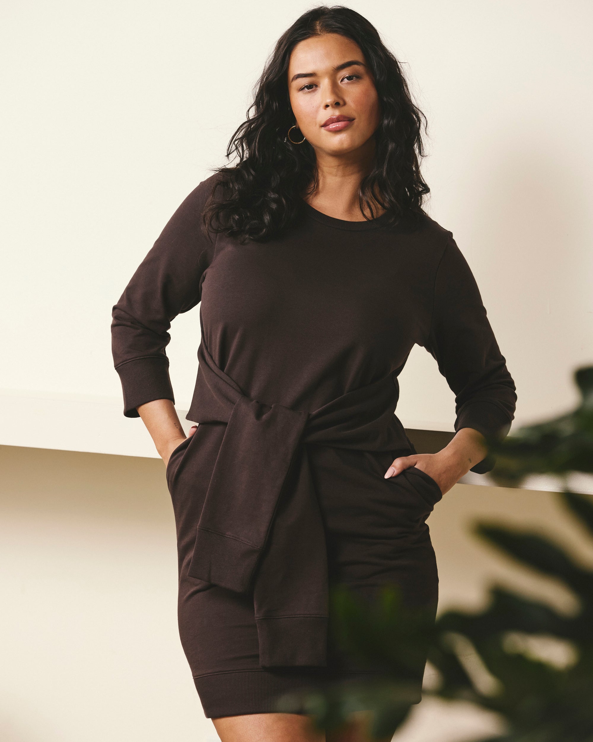 Woman wearing Misa Tie Sweatshirt Dress - Deep Brown from Universal Standard