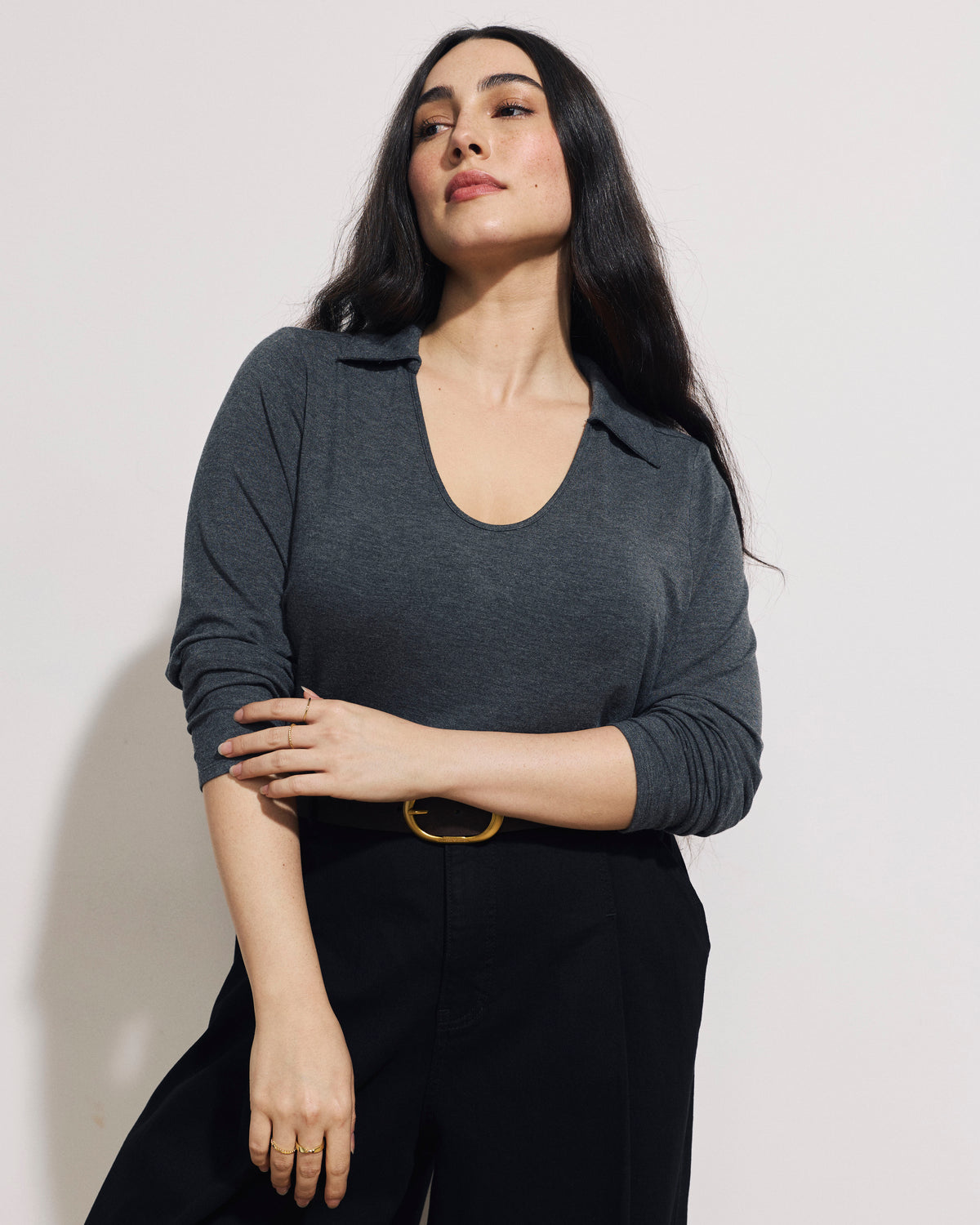 Katia Liquid Jersey Collared Top - Dark Gray Heather | Plus Size & Straight Size Women's Fashion | Universal Standard