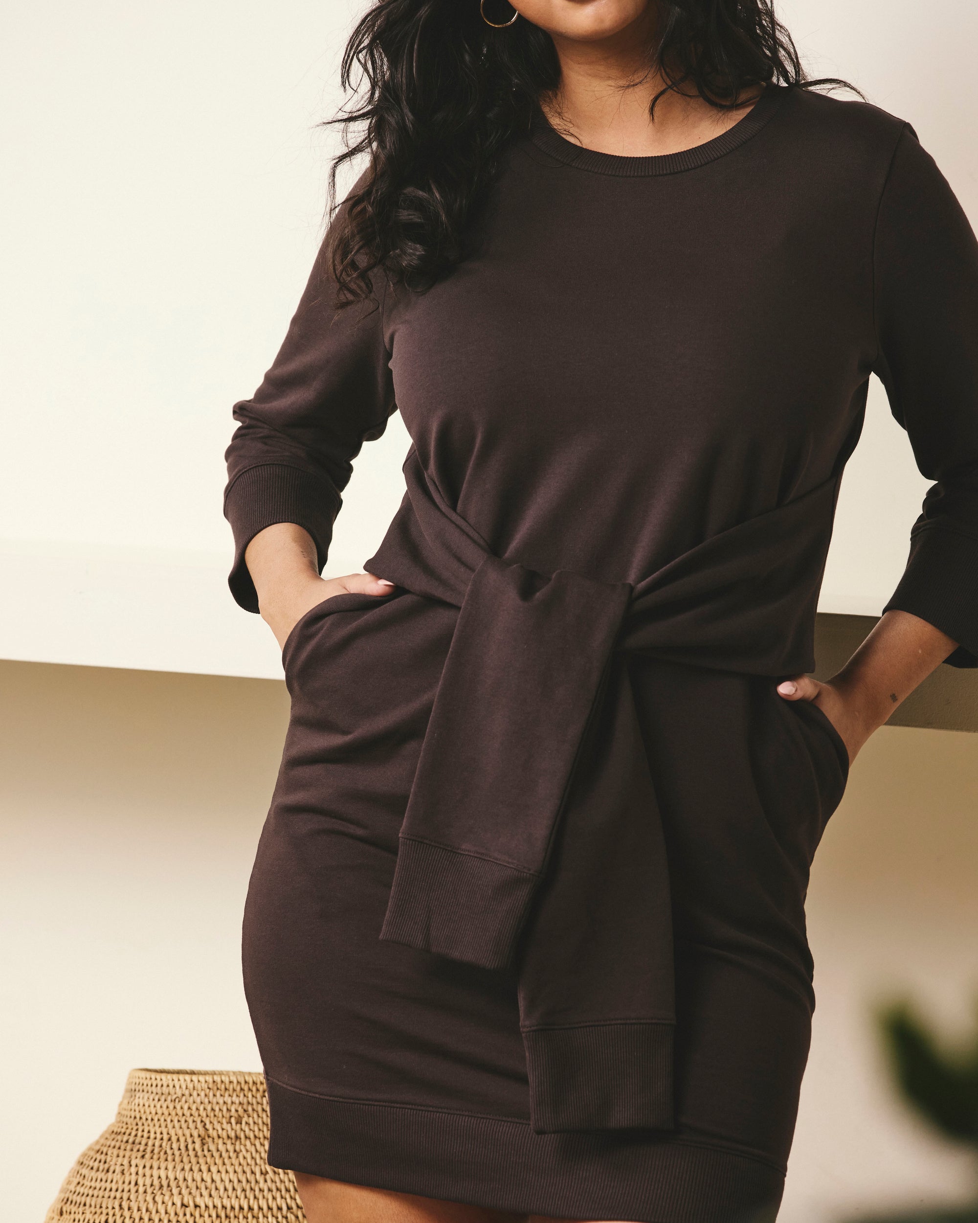 Woman wearing Misa Tie Sweatshirt Dress - Deep Brown from Universal Standard