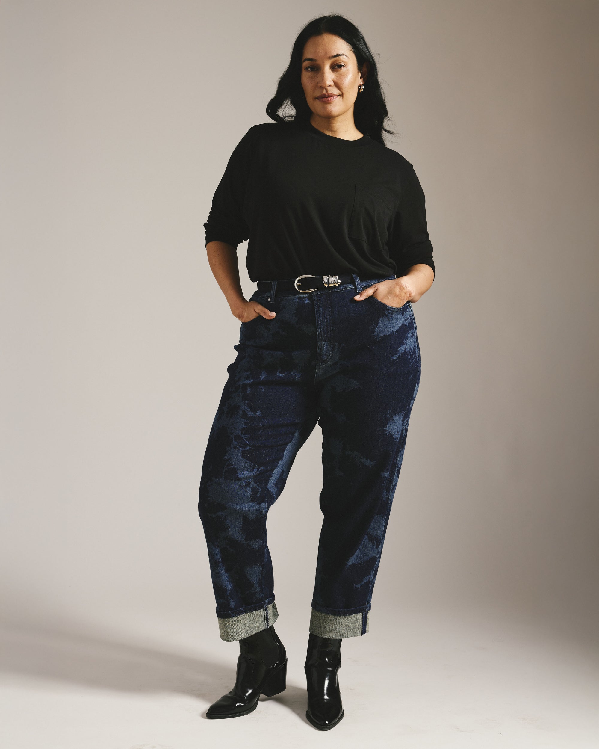 Stevie High Rise Cuffed Straight Leg Jeans - Indigo Tiedye Wash