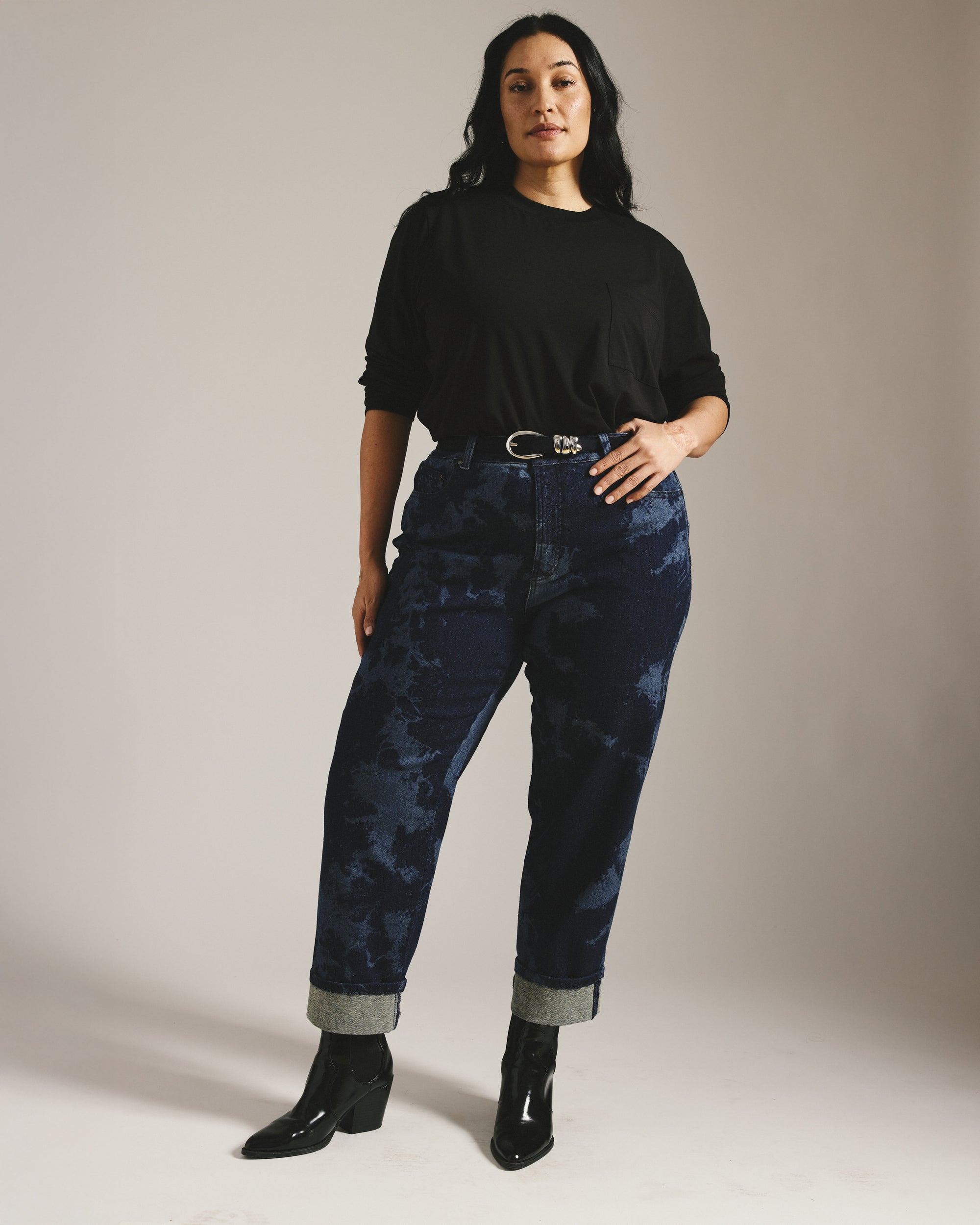 Stevie High Rise Cuffed Straight Leg Jeans - Indigo Tiedye Wash