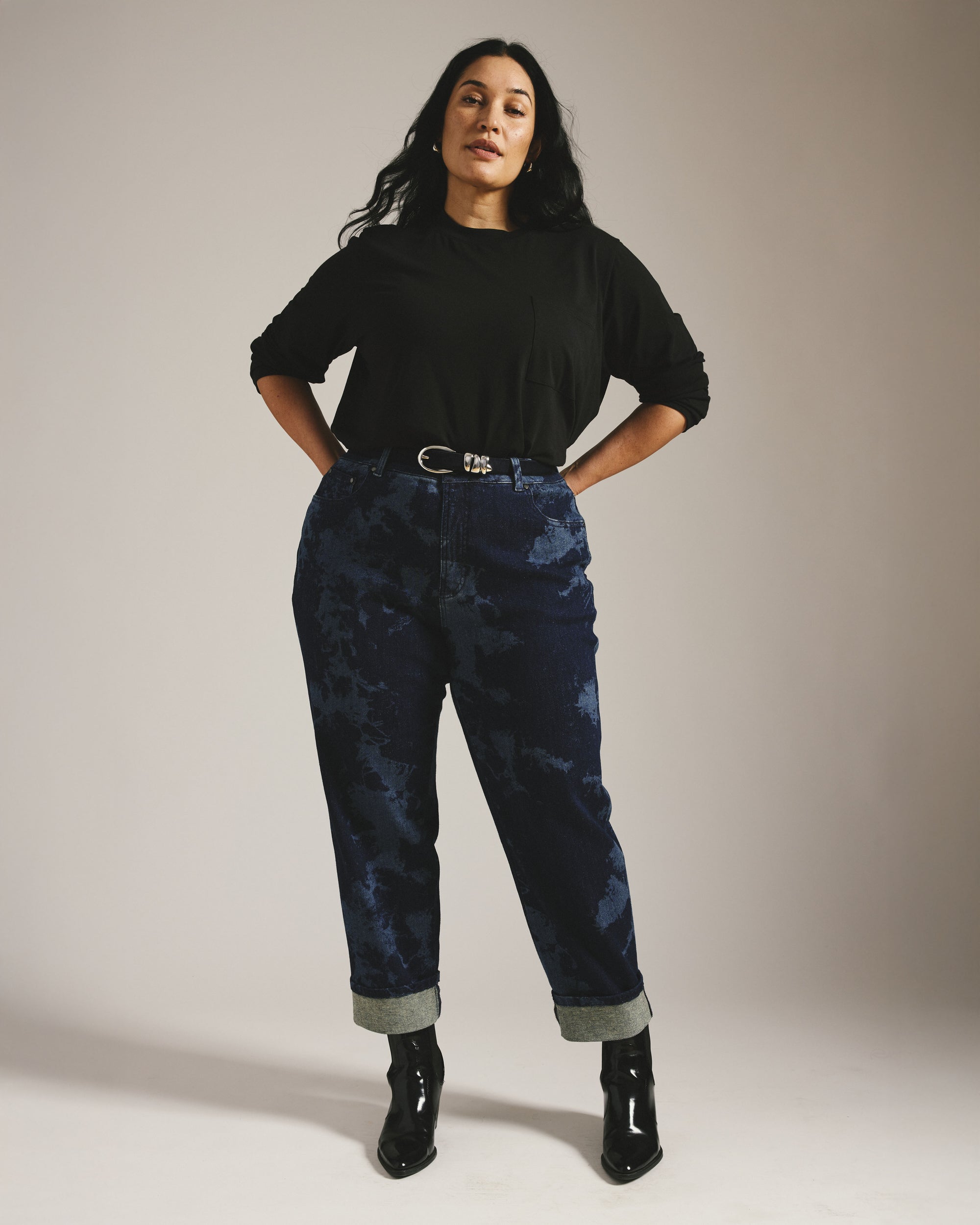 Stevie High Rise Cuffed Straight Leg Jeans - Indigo Tiedye Wash