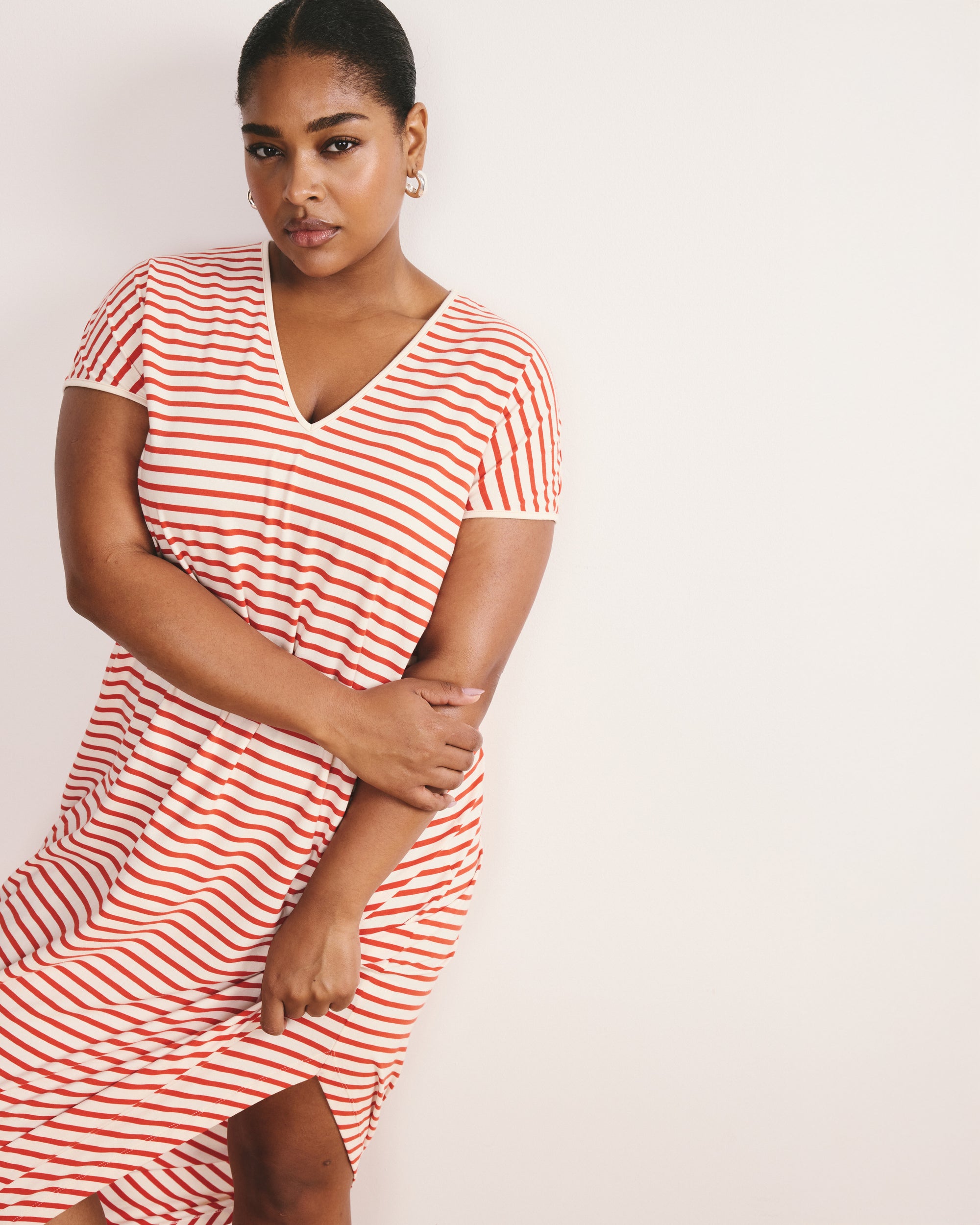 Iconic Geneva V-Neck Dress - Ecru/Poppy Stripe