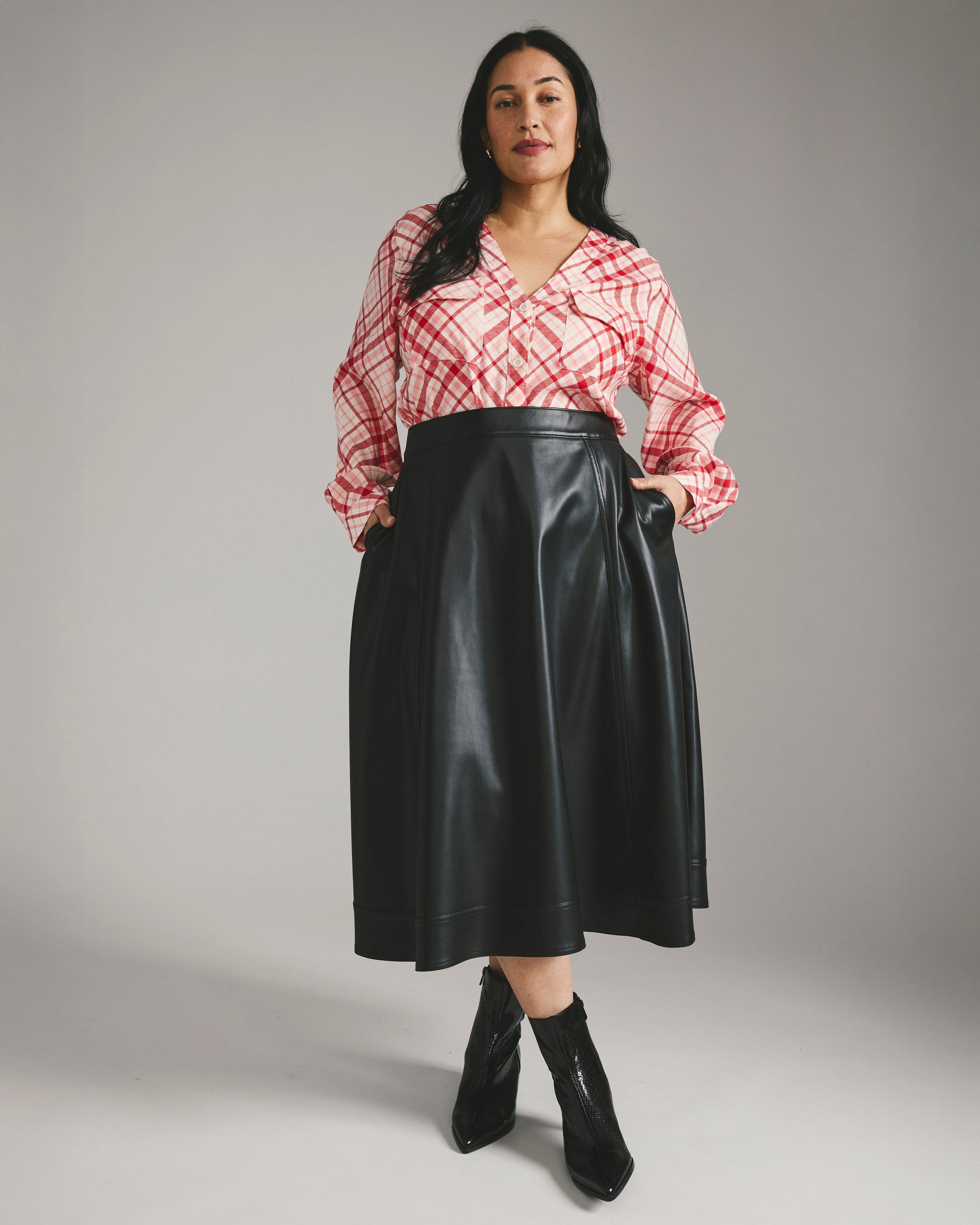 Cooling Stretch Cupro Button-Down Blouse - Red Plaid Print