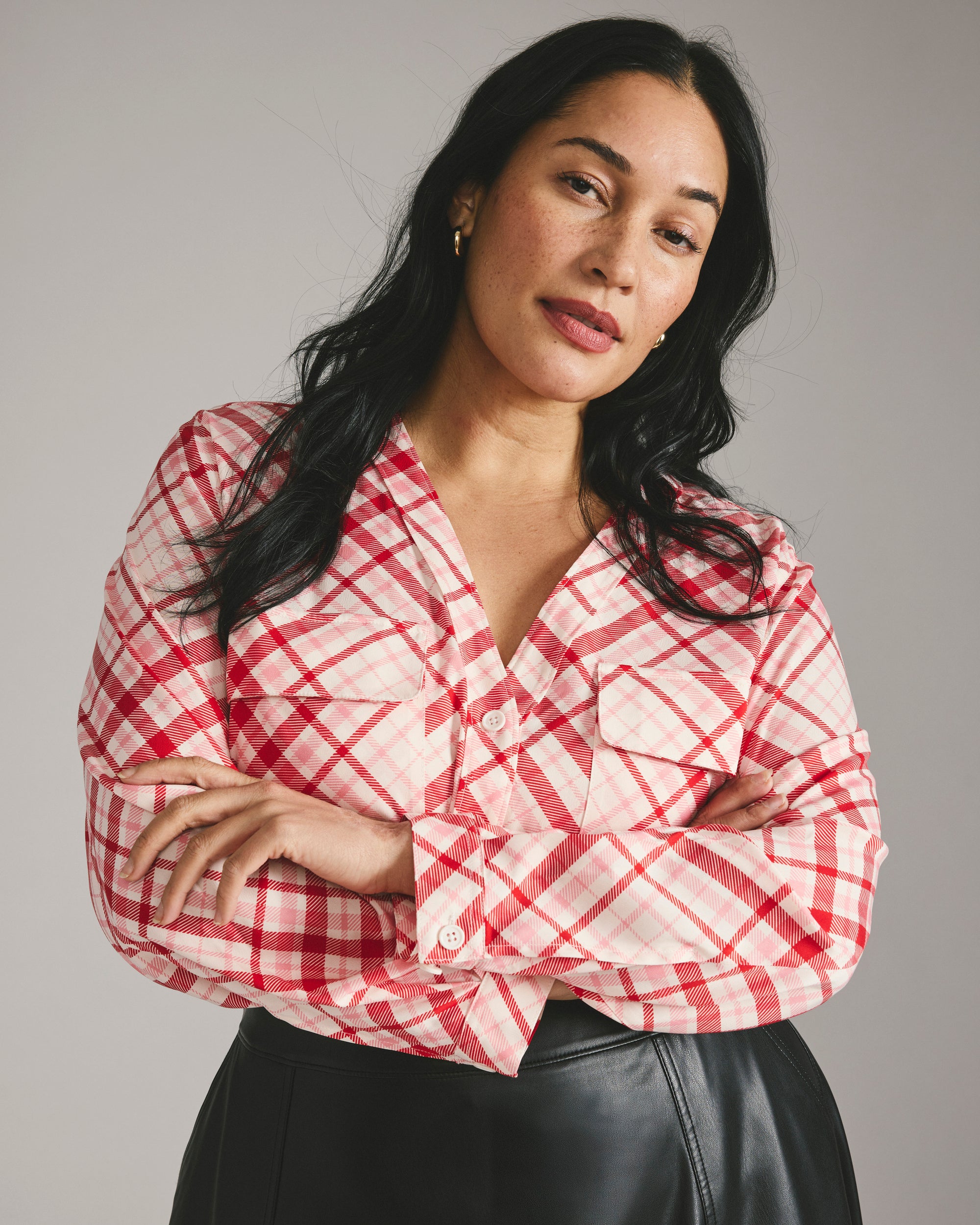 Cooling Stretch Cupro Button-Down Blouse - Red Plaid Print