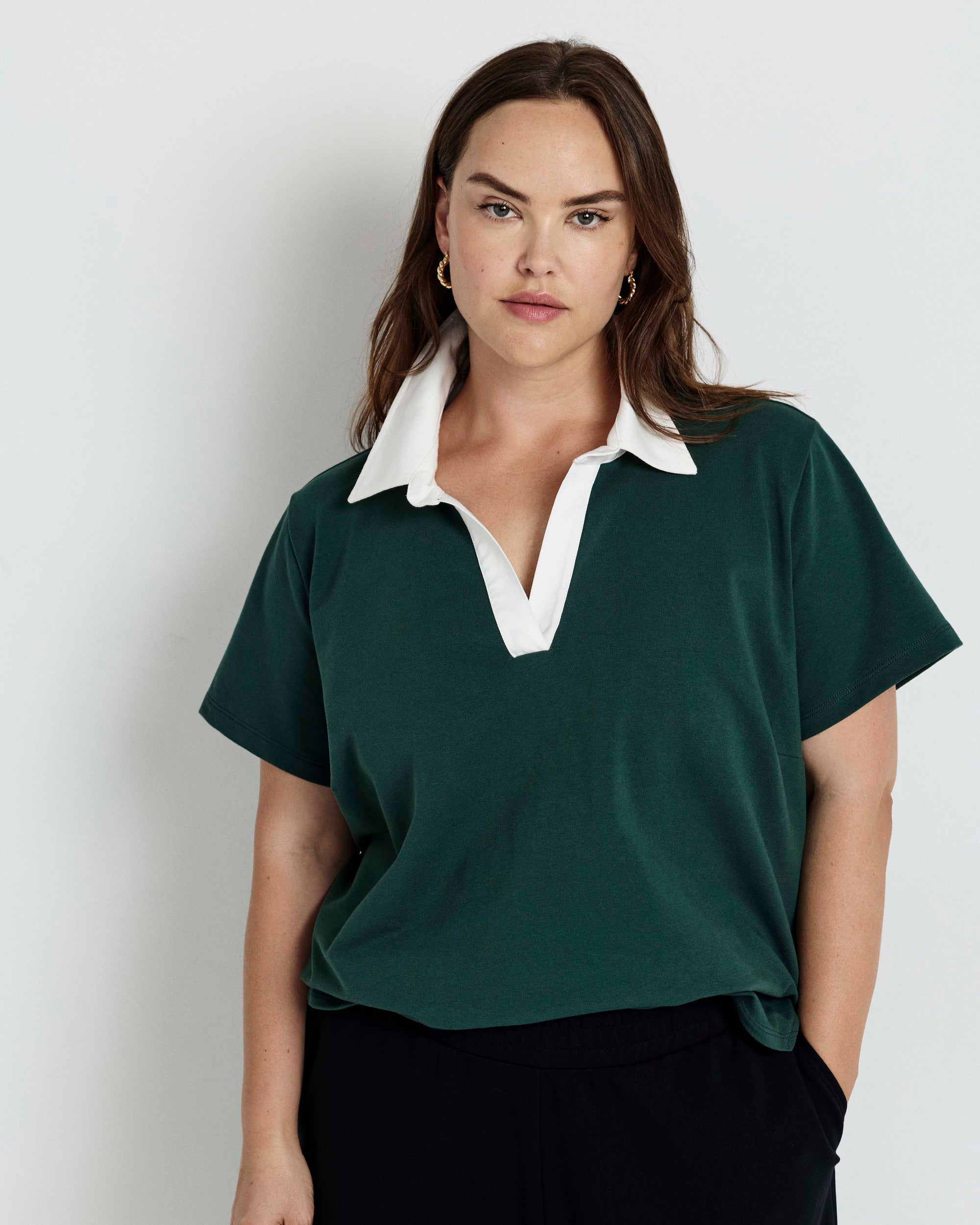 Varsity French Terry Polo Top - Forest Green/White | Plus Size & Straight Size Women's Fashion | Universal Standard