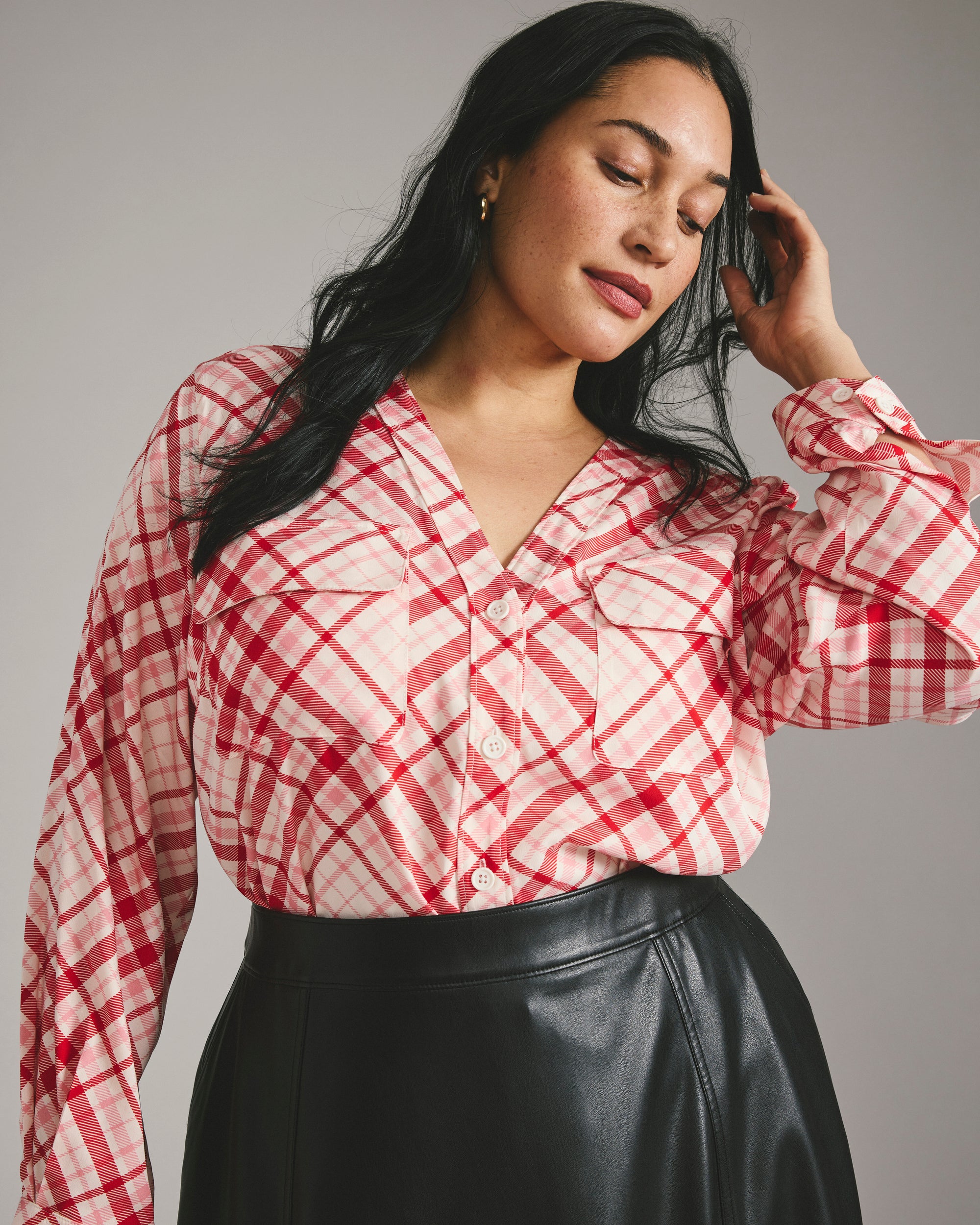 Cooling Stretch Cupro Button-Down Blouse - Red Plaid Print