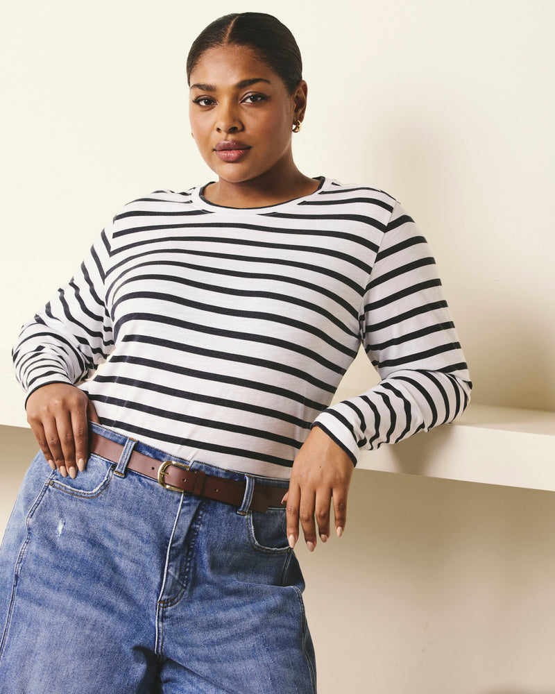 Woman wearing Light-As-Air Long Sleeve Crew Neck Tee - Zen Stripe from Universal Standard