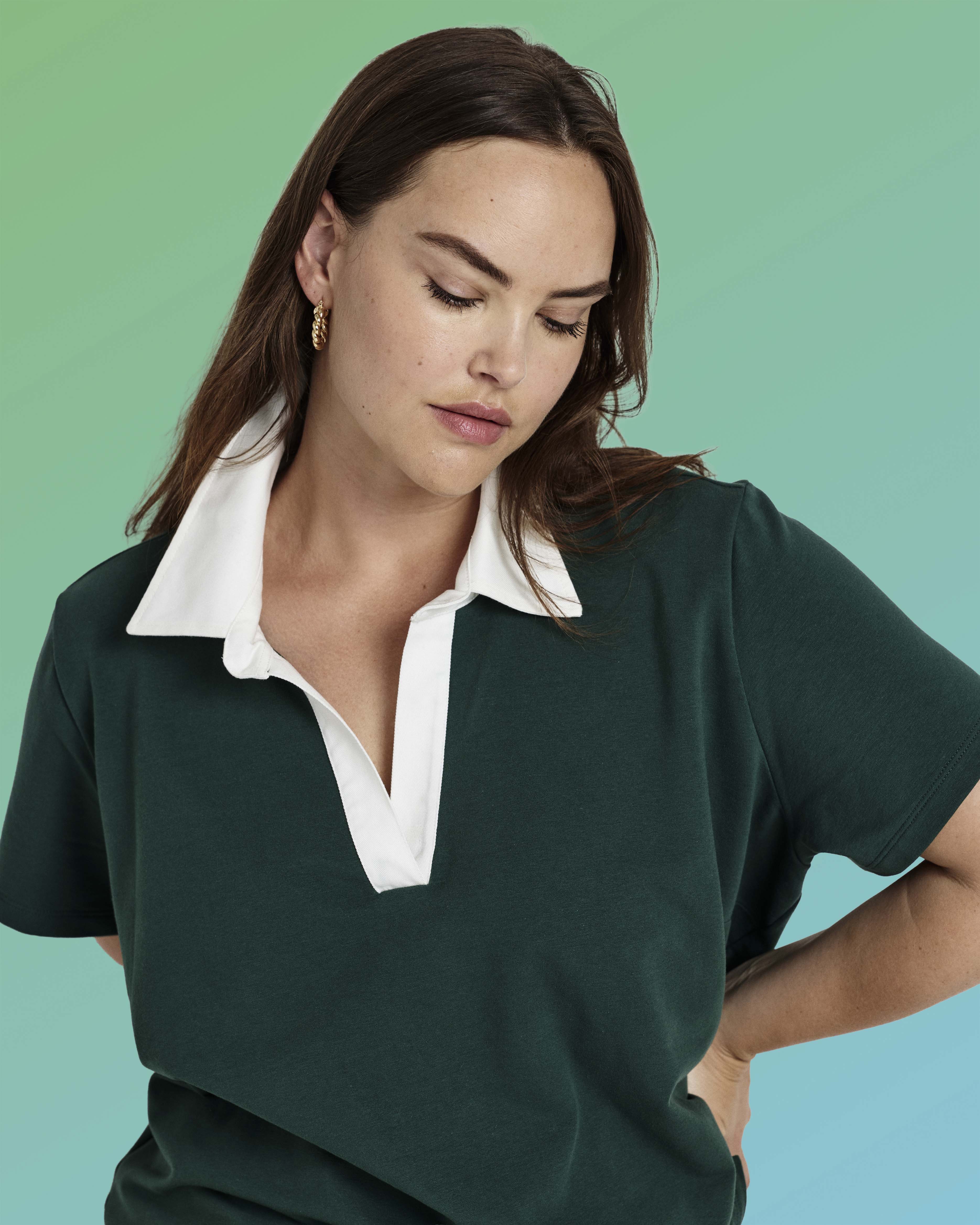 Varsity French Terry Polo Top - Forest Green/White | Plus Size & Straight Size Women's Fashion | Universal Standard