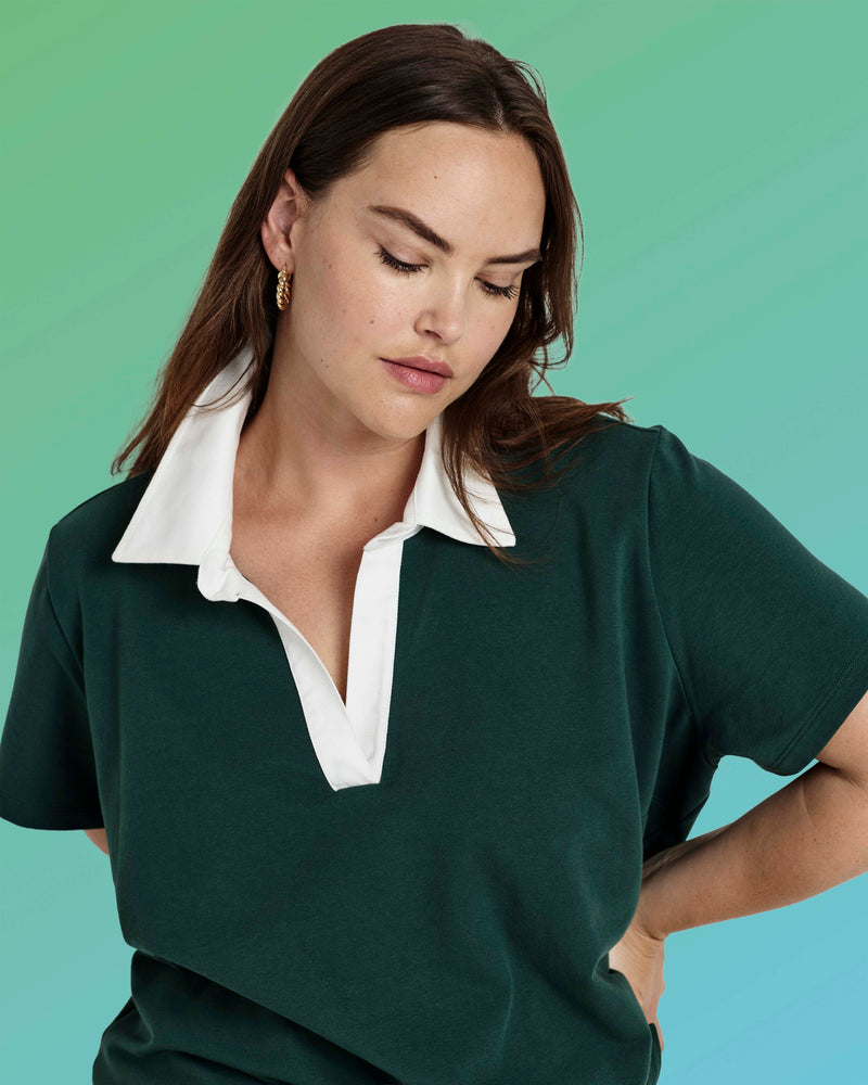 Varsity French Terry Polo Top - Forest Green/White | Plus Size & Straight Size Women's Fashion | Universal Standard