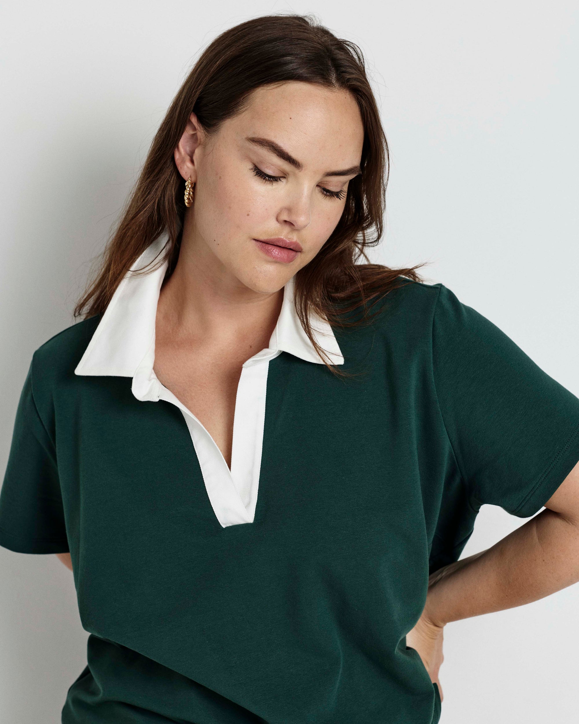 Varsity French Terry Polo Top - Forest Green/White | Plus Size & Straight Size Women's Fashion | Universal Standard