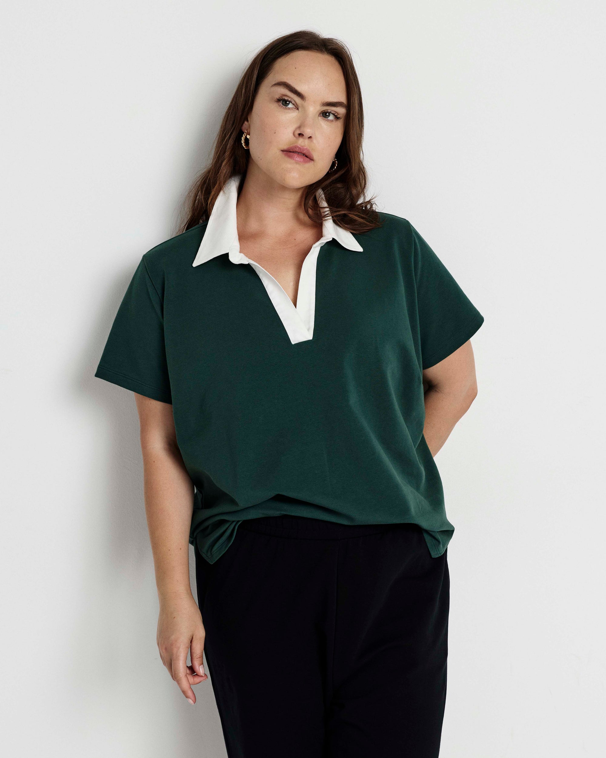 Varsity French Terry Polo Top - Forest Green/White | Plus Size & Straight Size Women's Fashion | Universal Standard