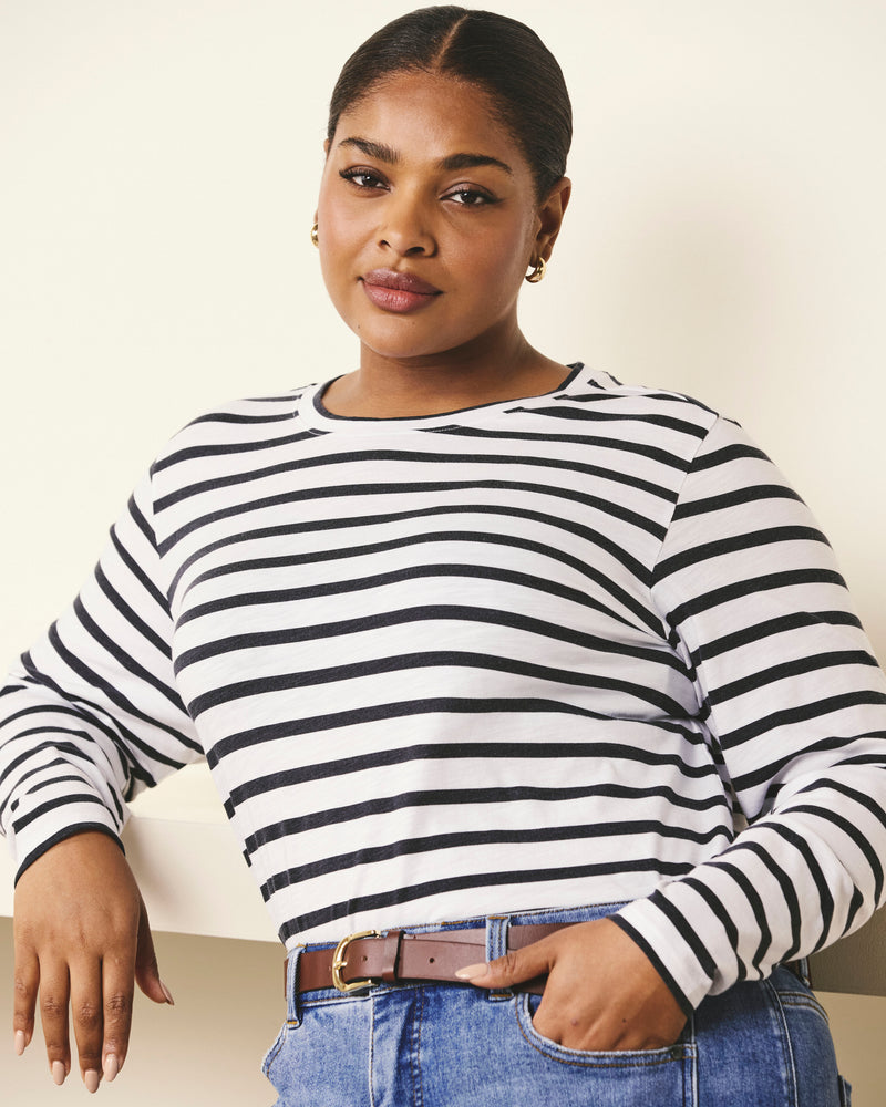 Woman wearing Light-As-Air Long Sleeve Crew Neck Tee - Zen Stripe from Universal Standard