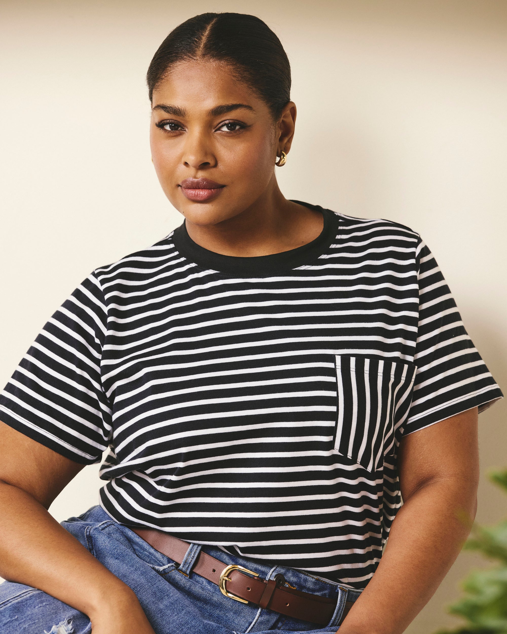 Woman wearing Breton Stripe Garcon Tee - Black/White Stripe from Fit Liberty