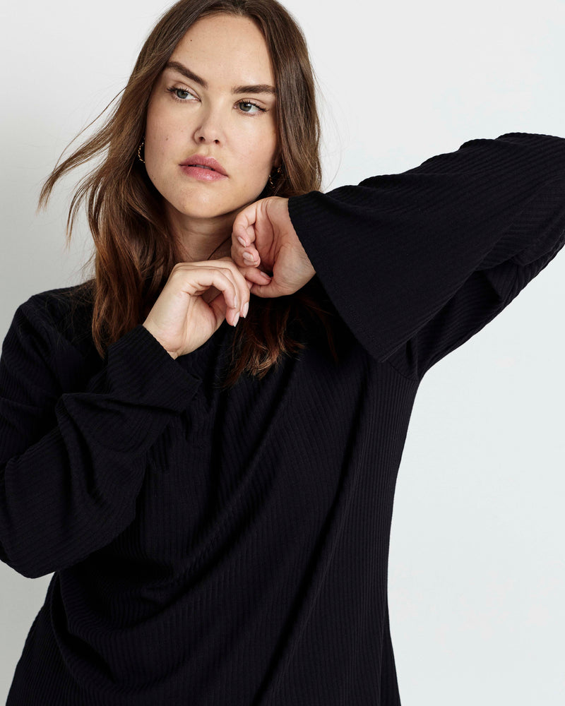 Yasmin Flare Sleeve Ribbed Top - Black | Plus Size & Straight Size Women's Fashion | Universal Standard
