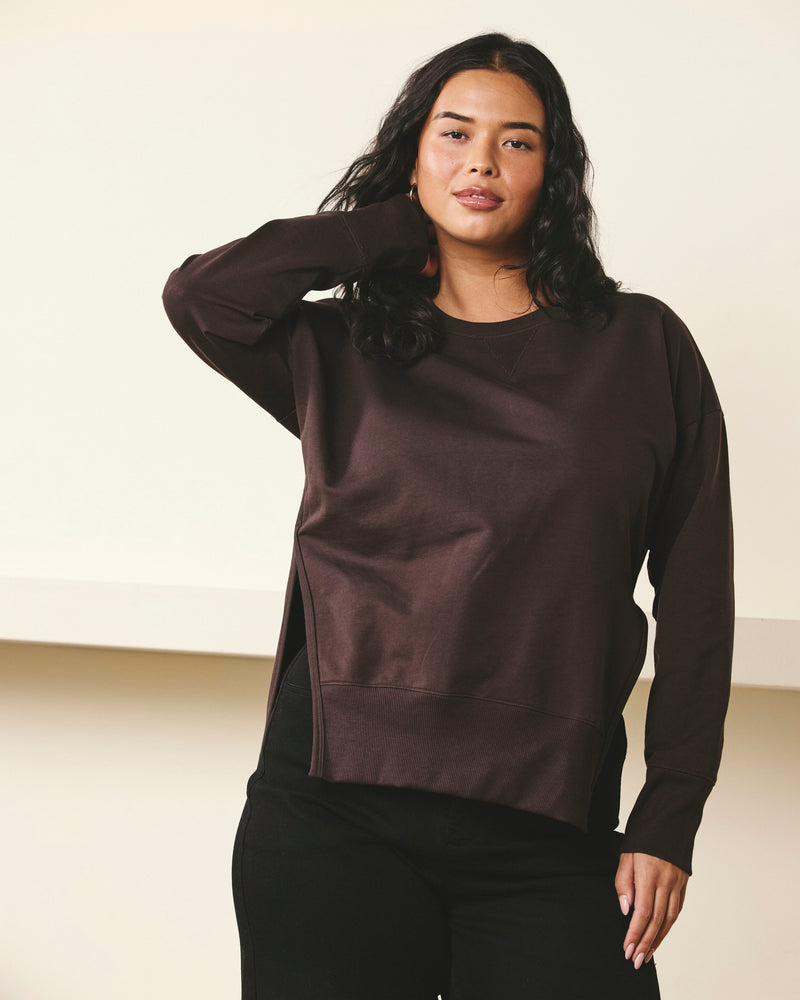 Woman wearing Fiona Side Slit Sweatshirt - Deep Brown from Universal Standard
