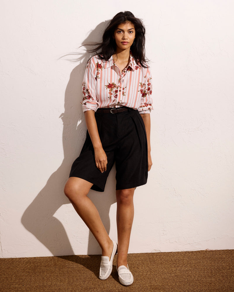 Woman wearing Seaport Tailored Linen Short - Black from Universal Standard