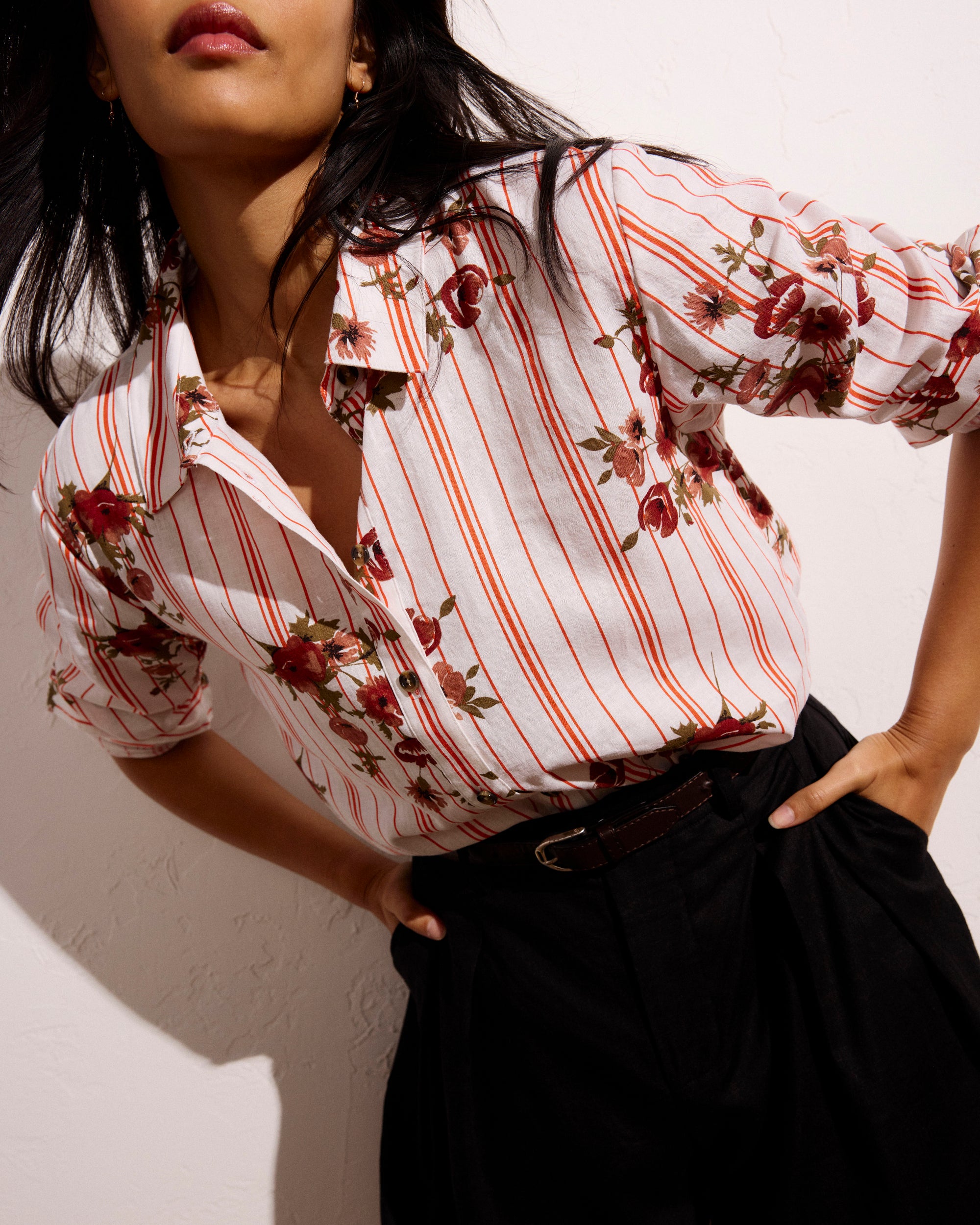 Dawn Linen Blend Hi Low Tunic - Wild Flower Bouquet Print on Stripes | Plus Size & Straight Size Women's Fashion | Universal Standard