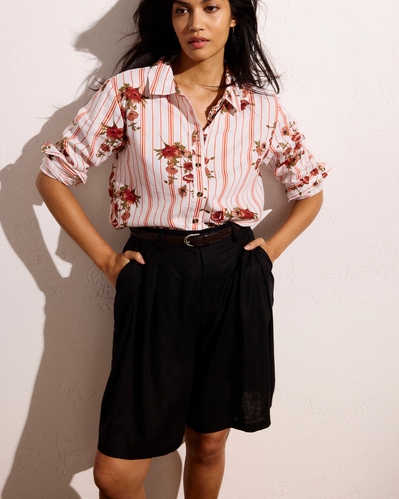 Woman wearing Seaport Tailored Linen Short - Black from Universal Standard