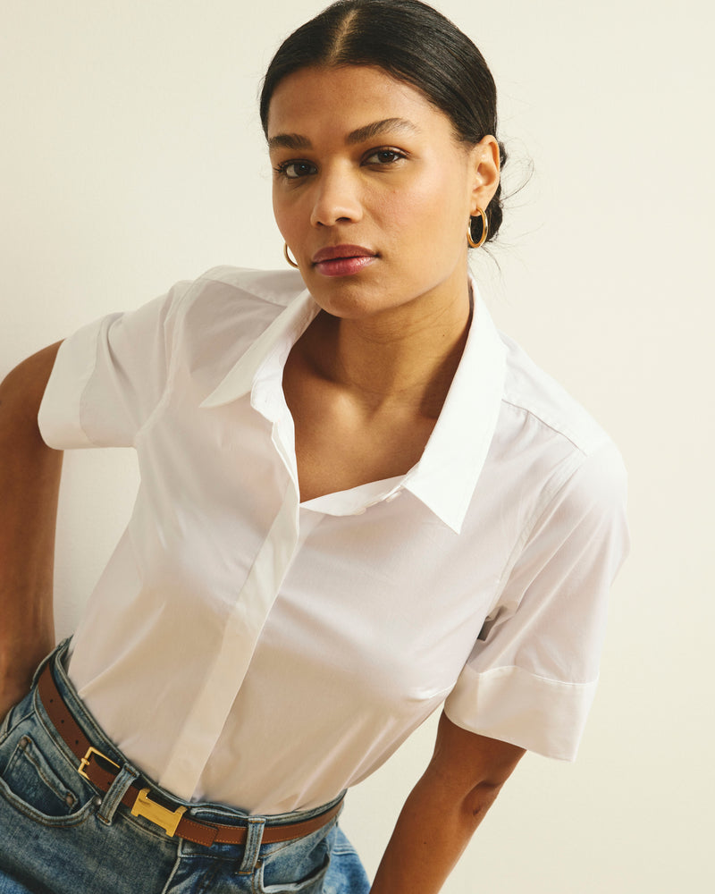 Elbe Stretch Poplin Short Sleeve Shirt - White | Plus Size & Straight Size Women's Fashion | Universal Standard